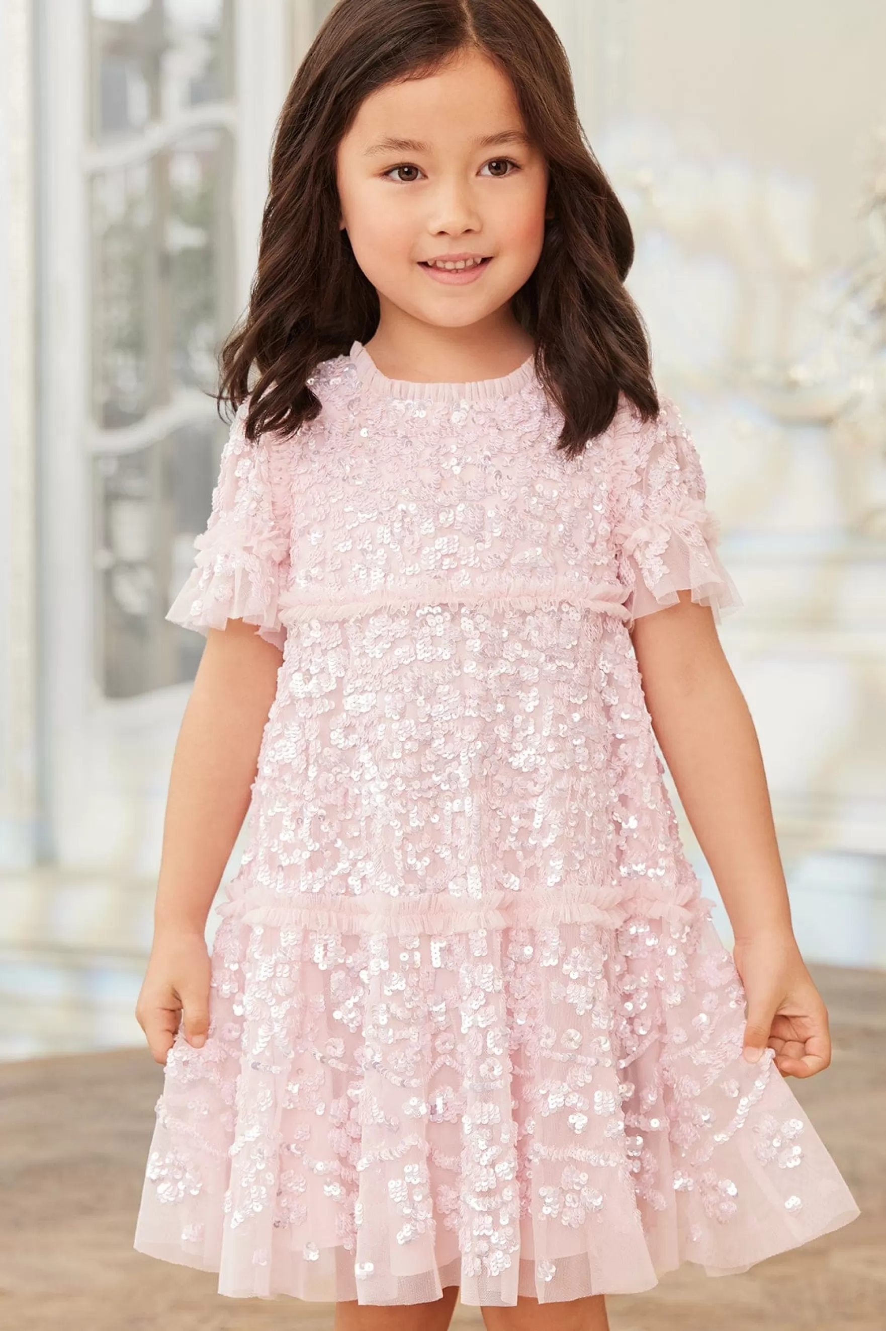Needle & Thread Embellished Dresses | Responsibly Sourced>Annie Sequin Short Sleeve Kids Dress Pink