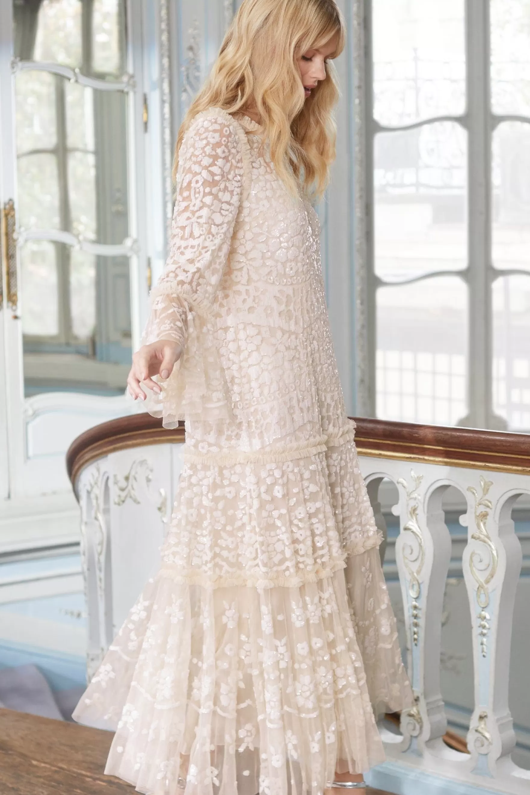 Needle & Thread Bridal | Evening Dresses>Annie Sequin Tiered Ankle Gown Champagne