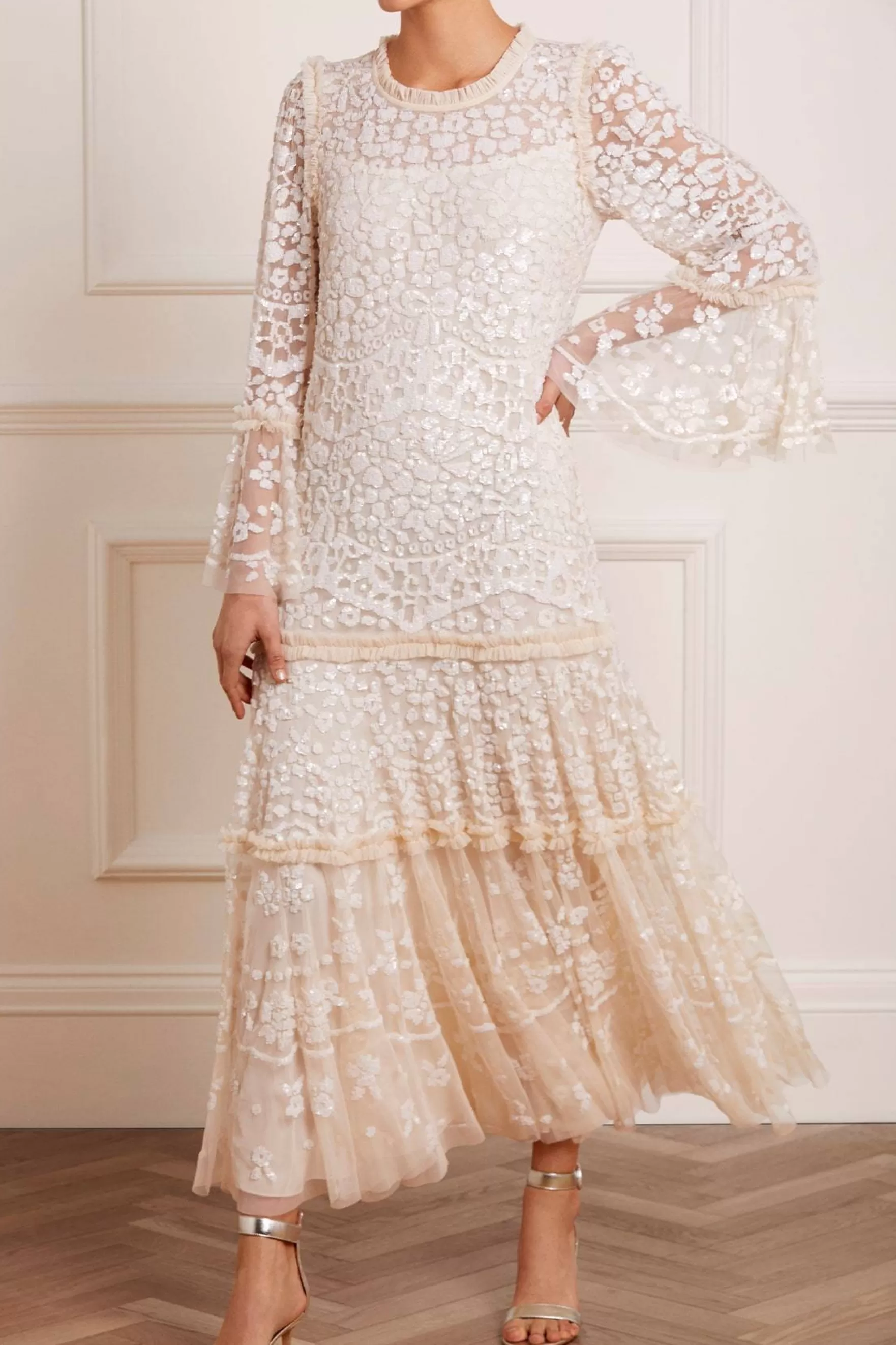 Needle & Thread Bridal | Evening Dresses>Annie Sequin Tiered Ankle Gown Champagne