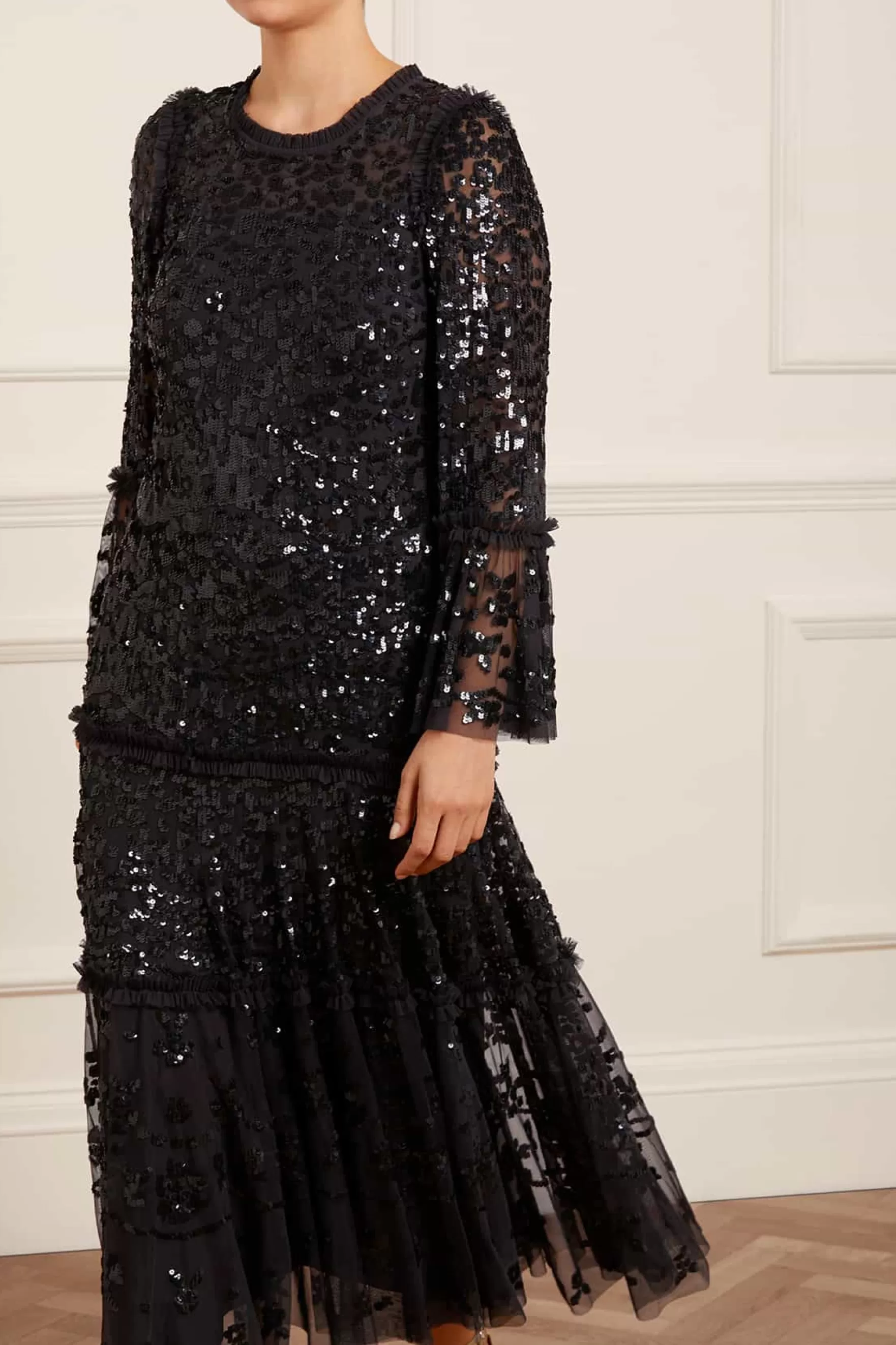 Needle & Thread Plus Size | Evening Dresses>Annie Sequin Tiered Ankle Gown Black