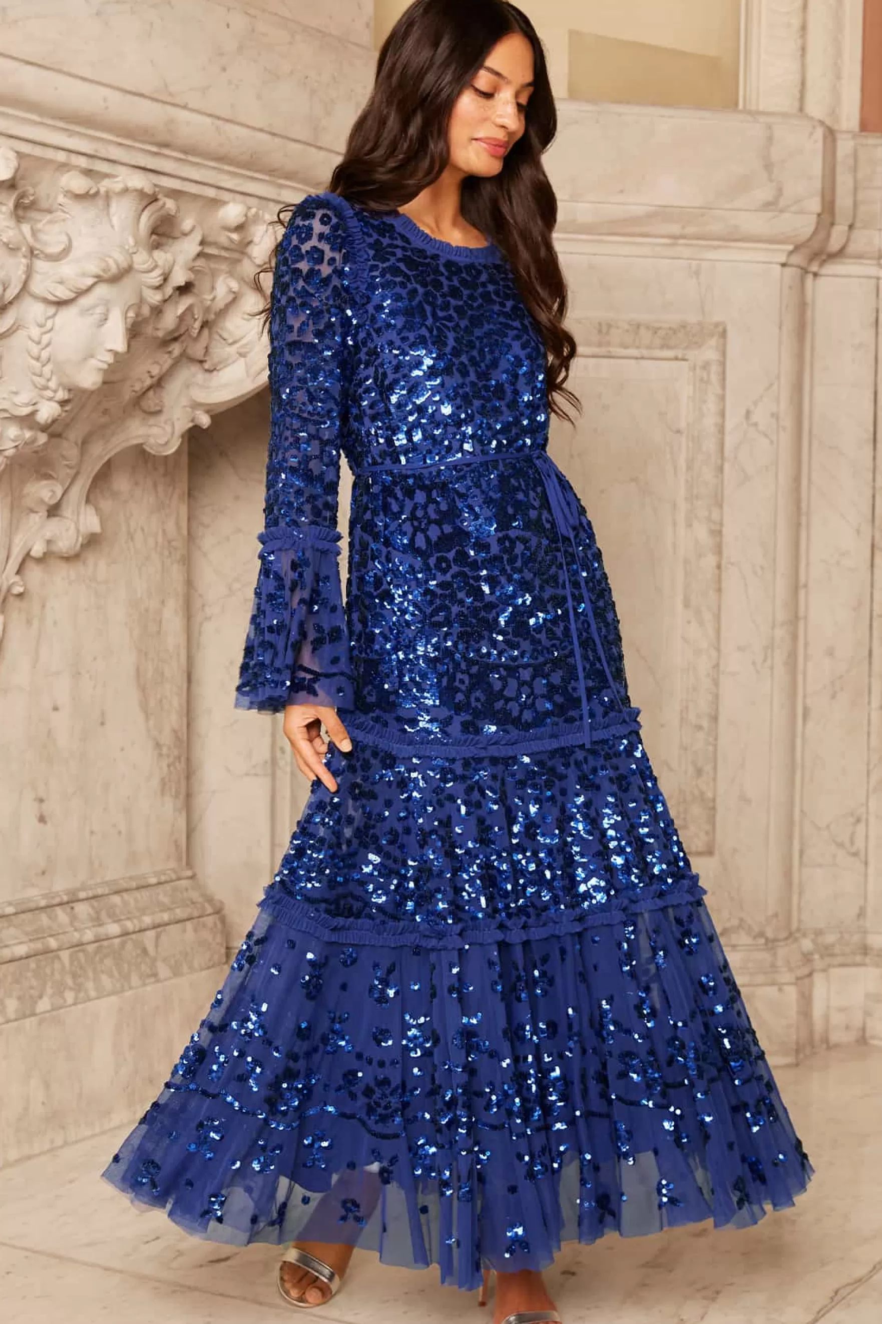 Needle & Thread Plus Size | Evening Dresses>Annie Sequin Tiered Ankle Gown Blue