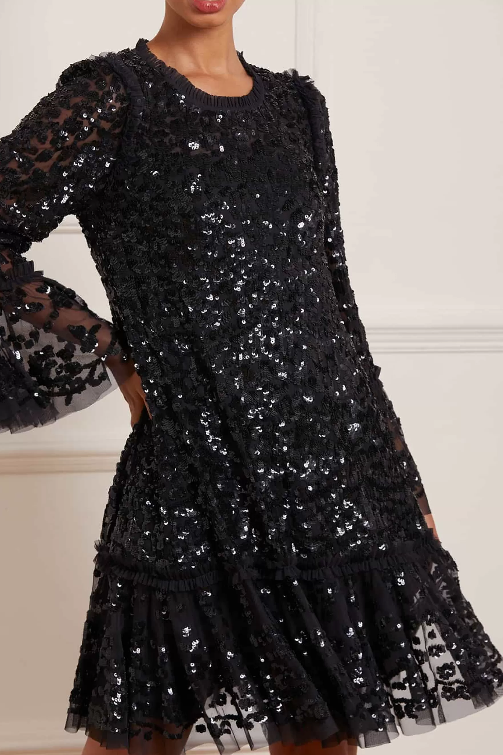 Needle & Thread Plus Size | Mini Dresses>Annie Sequin Tiered Mini Dress Black