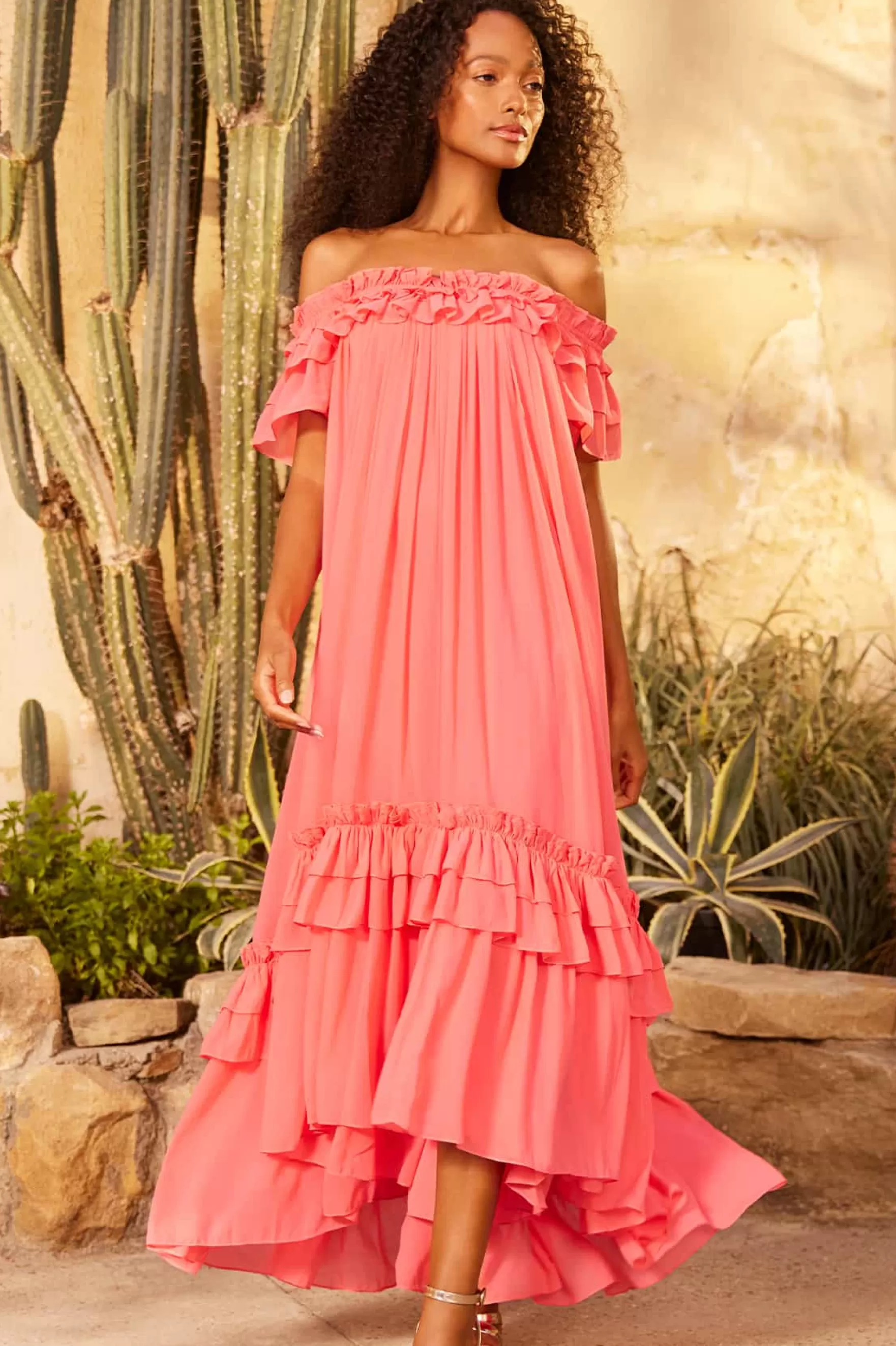 Needle & Thread Day Dresses | Flattering Fit>Aria Chiffon Off-Shoulder Ankle Gown Pink