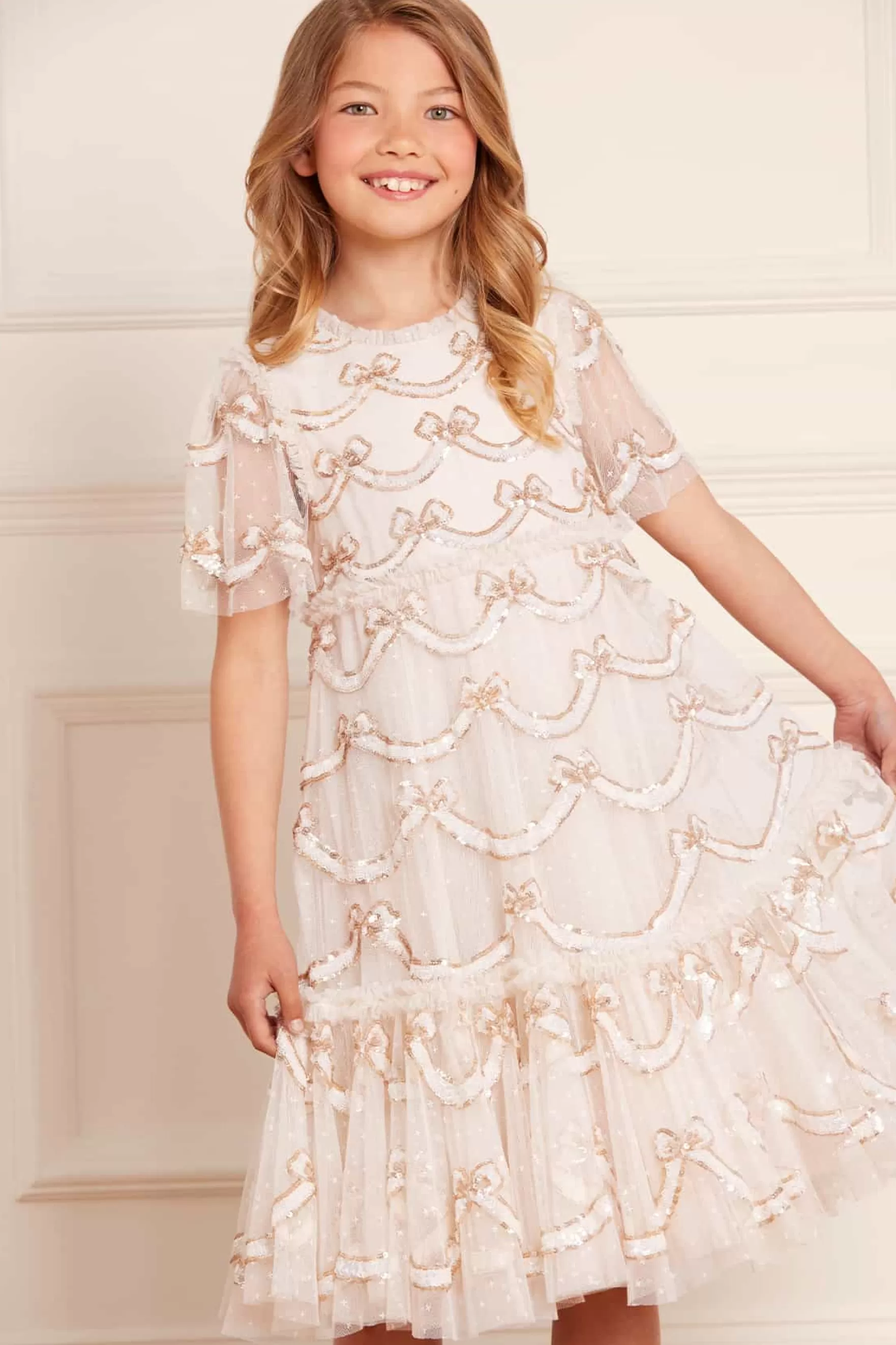 Needle & Thread Flower Girl | Flower Girl>Bow Sequin Kids Dress Champagne