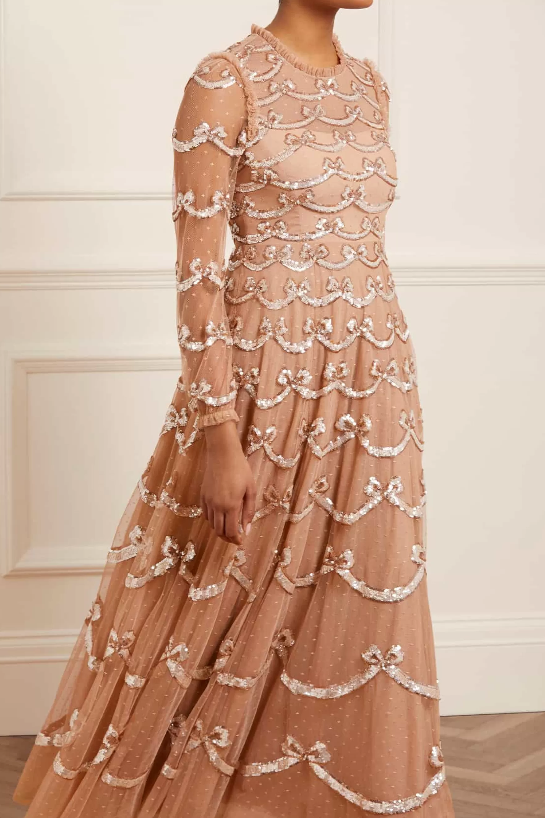 Needle & Thread Mother of the Bride | Evening Dresses>Bow Sequin Long Sleeve Gown Beige