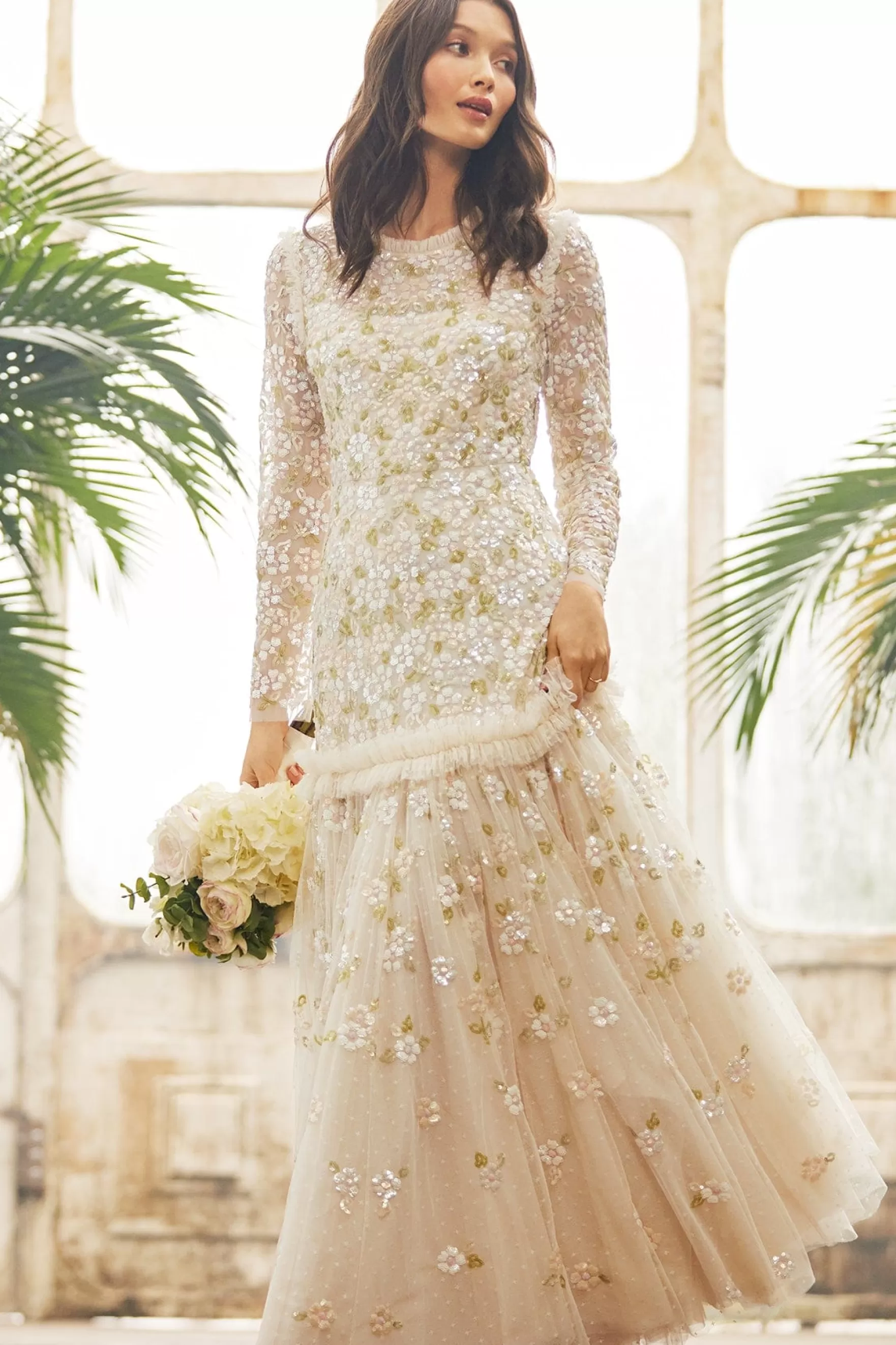 Needle & Thread Bridal | Embellished Dresses>Brianna Long Sleeve Gown Champagne