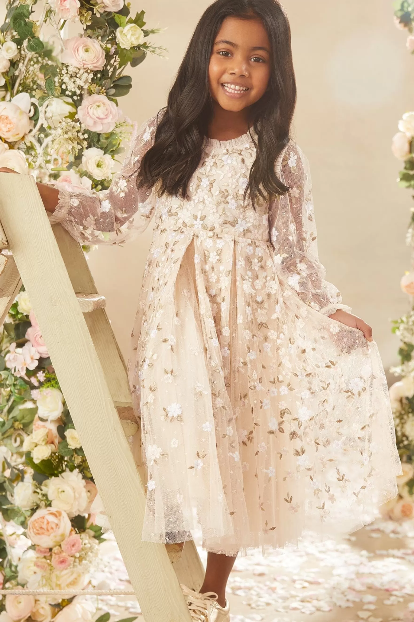 Needle & Thread Flower Girl | Flower Girl>Camellia Ditsy Long Sleeve Kids Dress Champagne