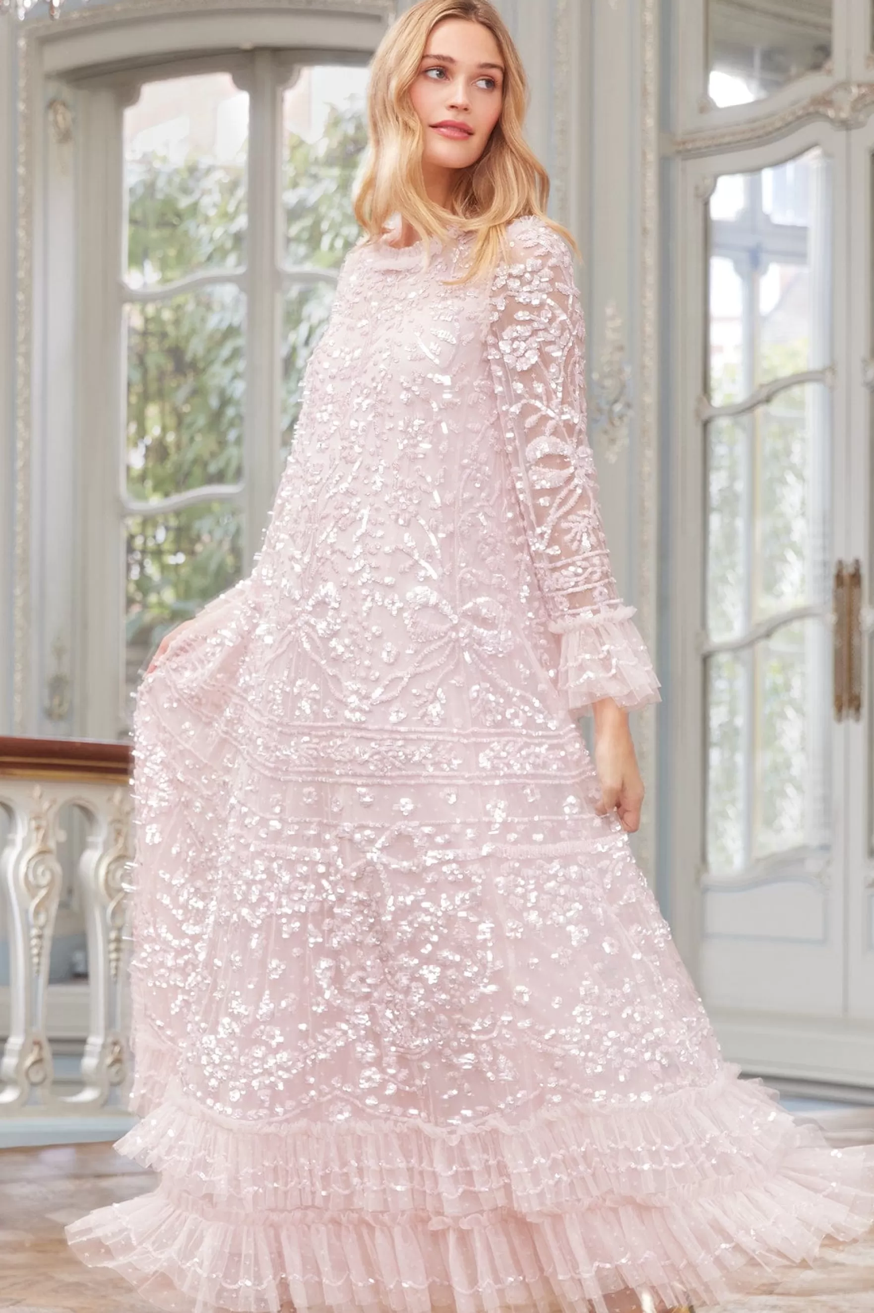 Needle & Thread Mother of the Bride | Plus Size>Celia Long Sleeve Ankle Gown Pink