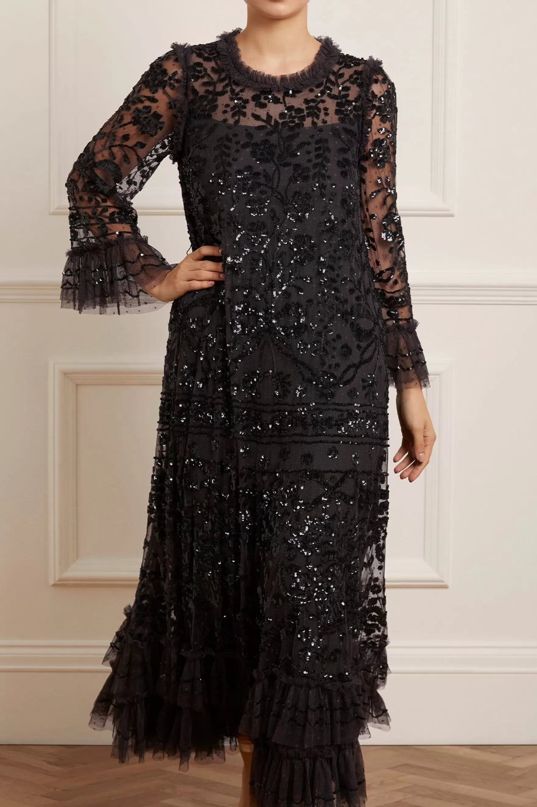 Needle & Thread Plus Size | Evening Dresses>Celia Long Sleeve Ankle Gown Black