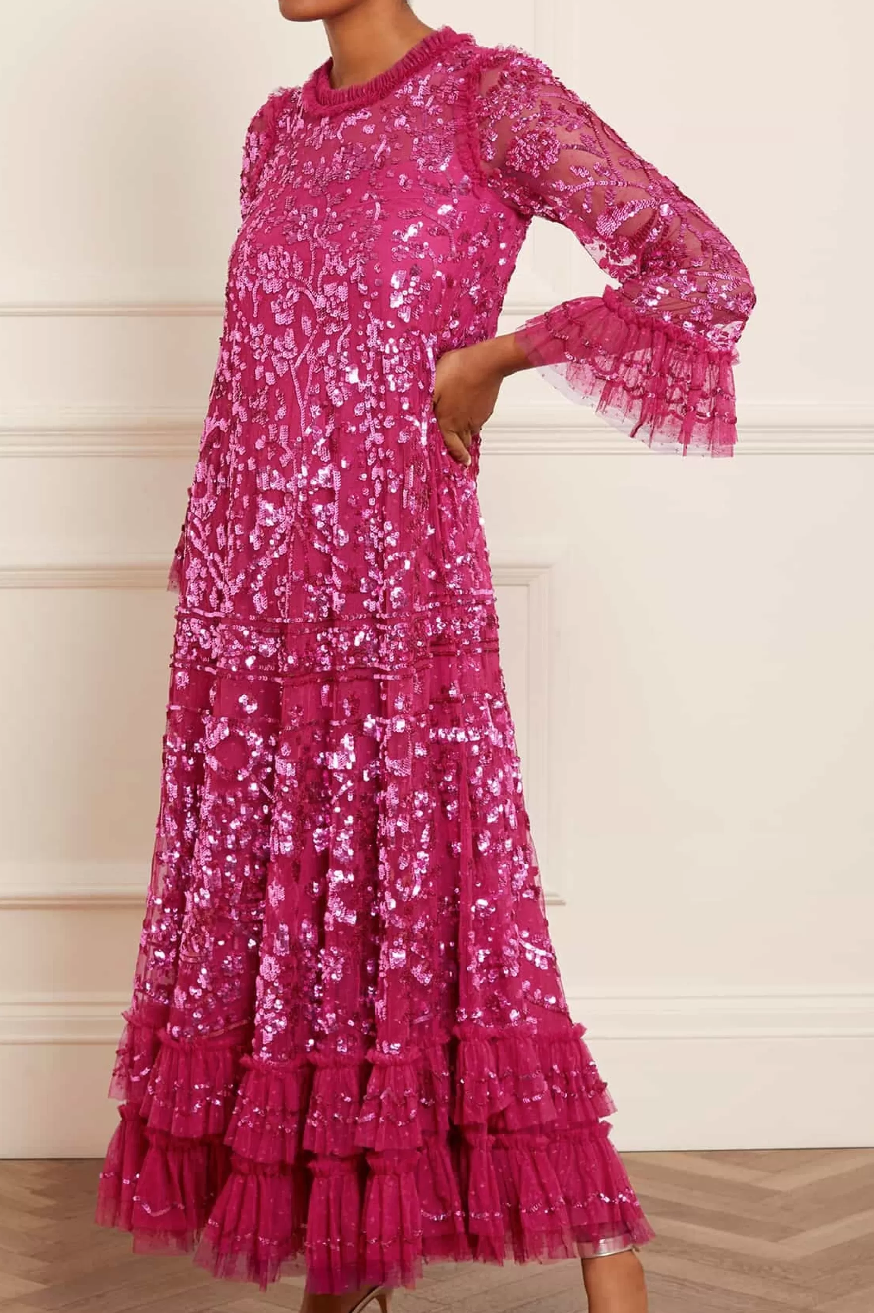 Needle & Thread Plus Size | Evening Dresses>Celia Long Sleeve Ankle Gown Pink