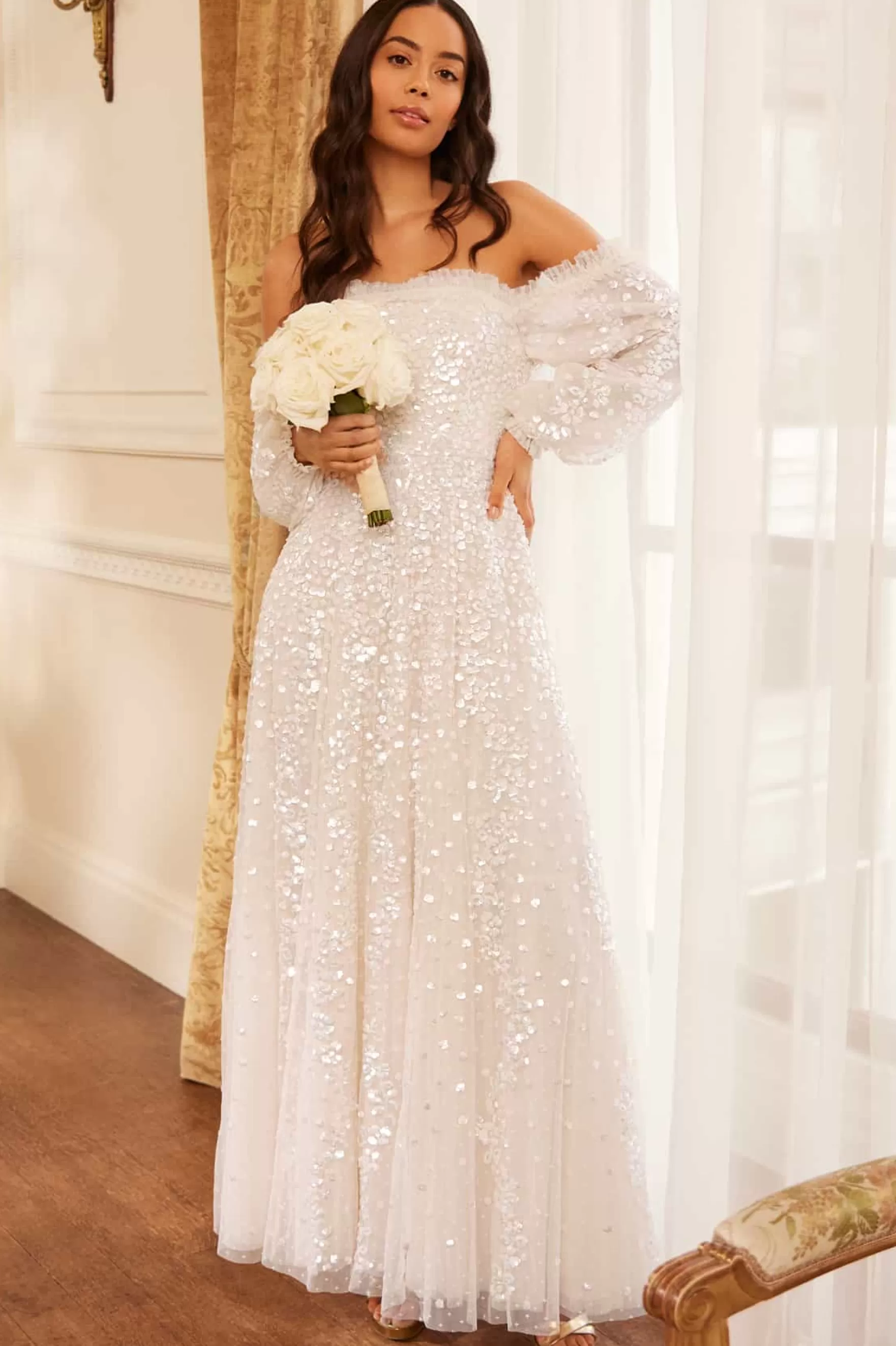 Needle & Thread Bridal | Evening Dresses>Confetti Gloss Off-Shoulder Gown Champagne