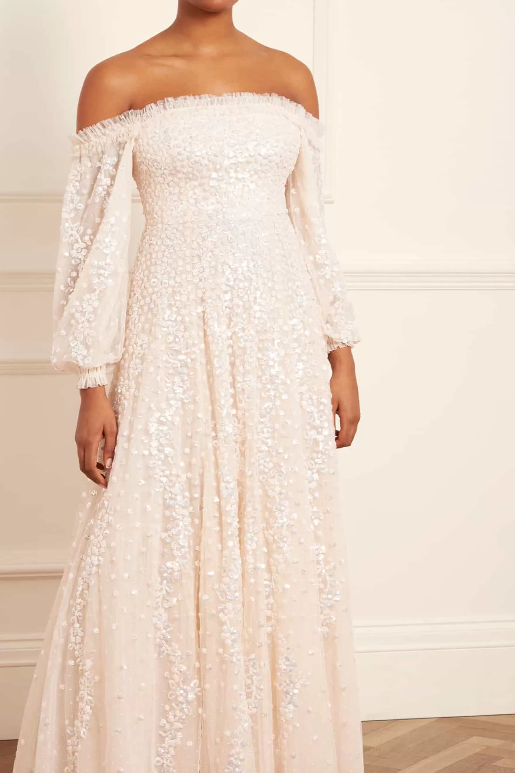 Needle & Thread Bridal | Evening Dresses>Confetti Gloss Off-Shoulder Gown Champagne