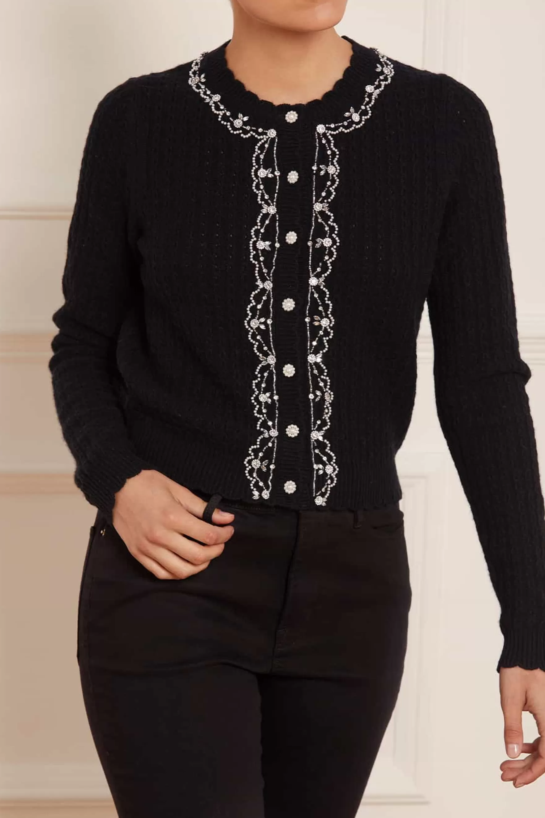 Needle & Thread Knitwear>Crystal Border Short Cardigan Black