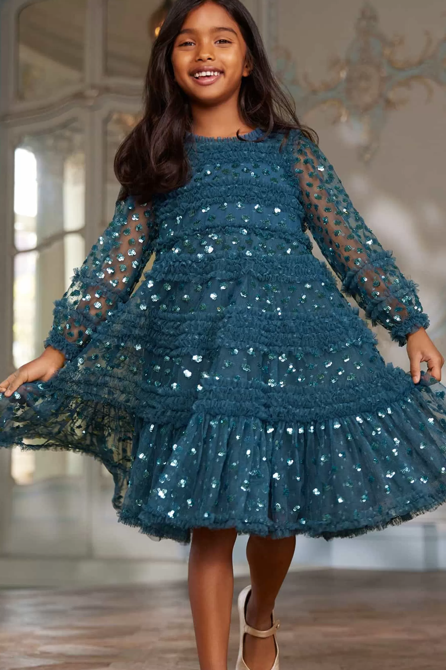 Needle & Thread Embellished Dresses | Responsibly Sourced>Dot Shimmer Long Sleeve Kids Dress Blue