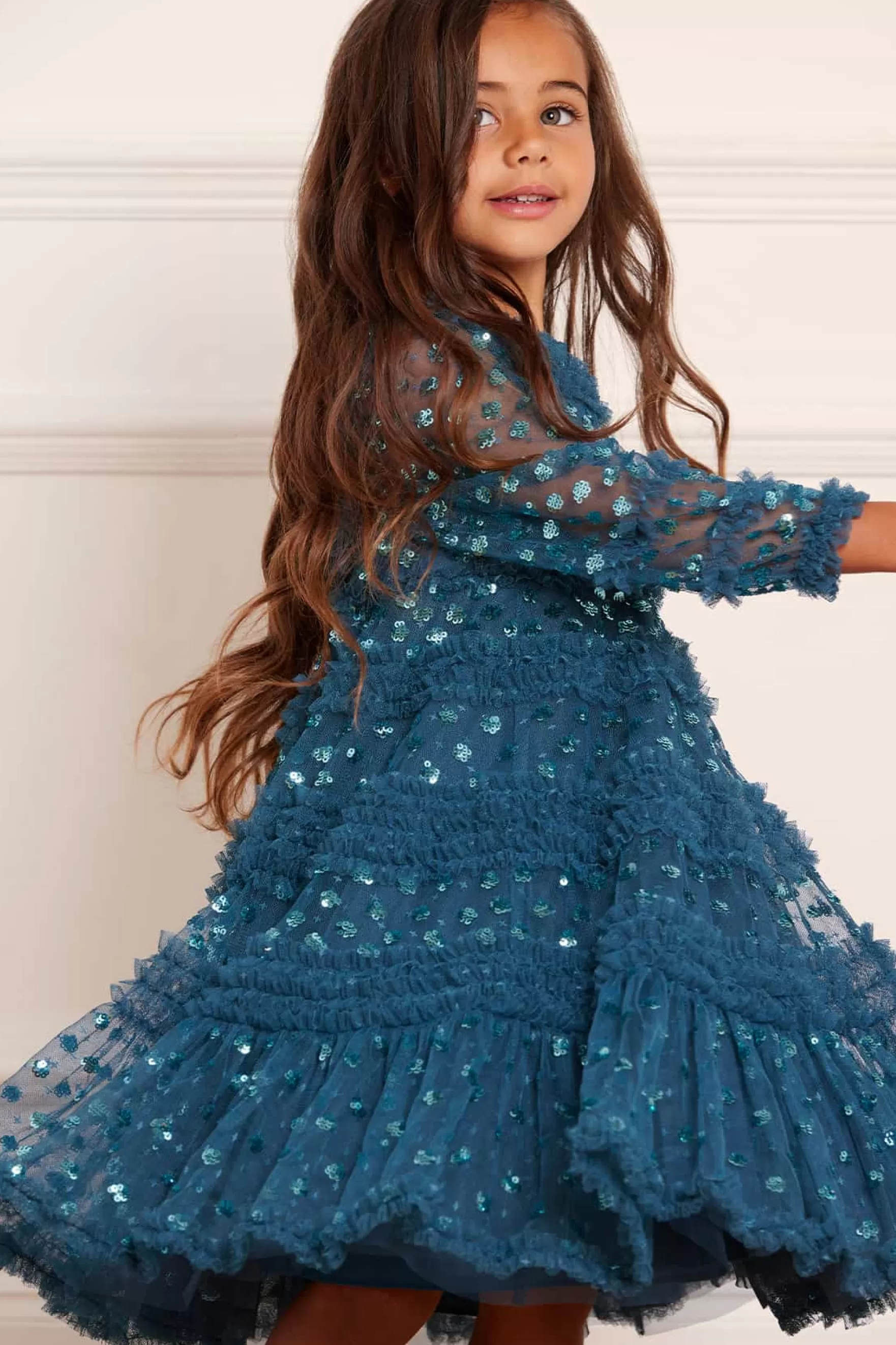Needle & Thread Embellished Dresses | Responsibly Sourced>Dot Shimmer Long Sleeve Kids Dress Blue