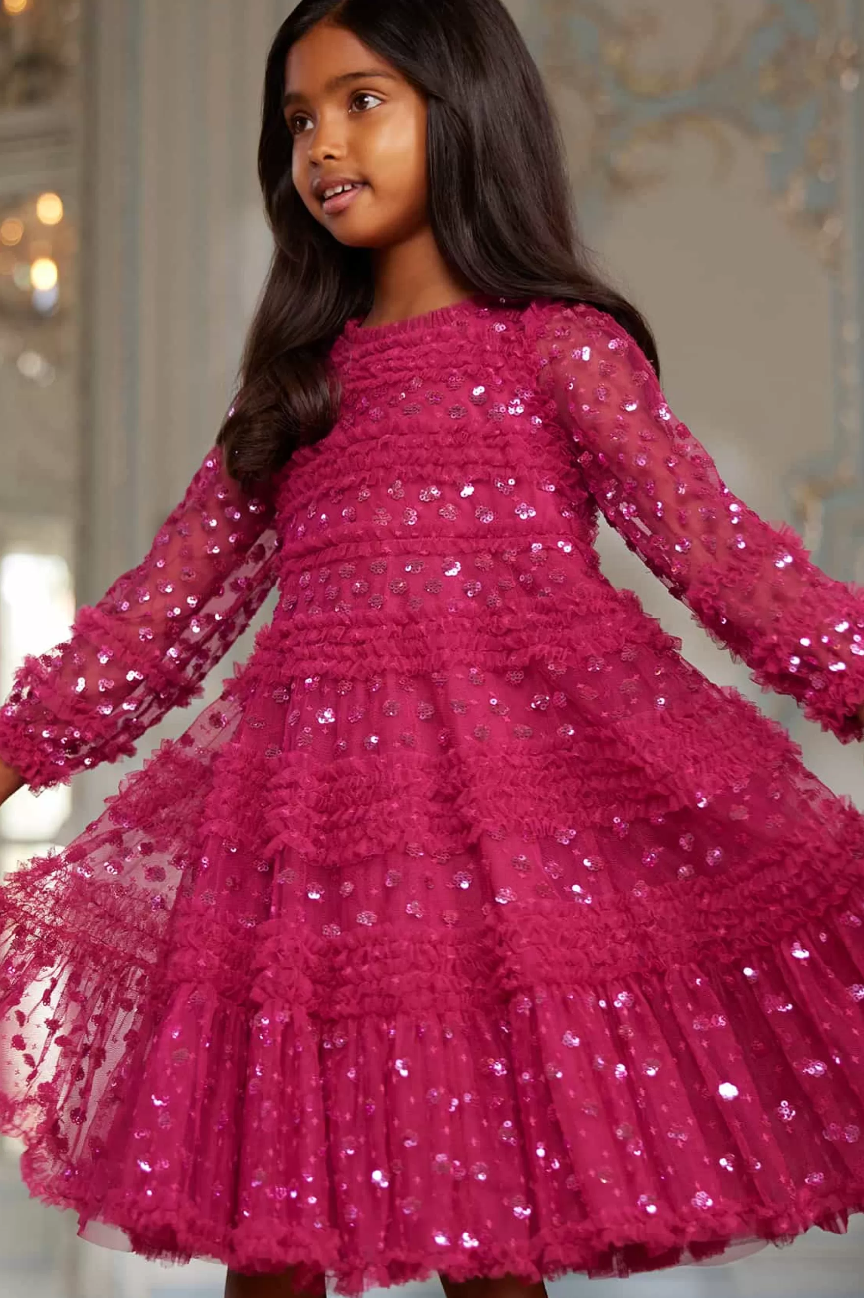 Needle & Thread Embellished Dresses | Responsibly Sourced>Dot Shimmer Long Sleeve Kids Dress Pink