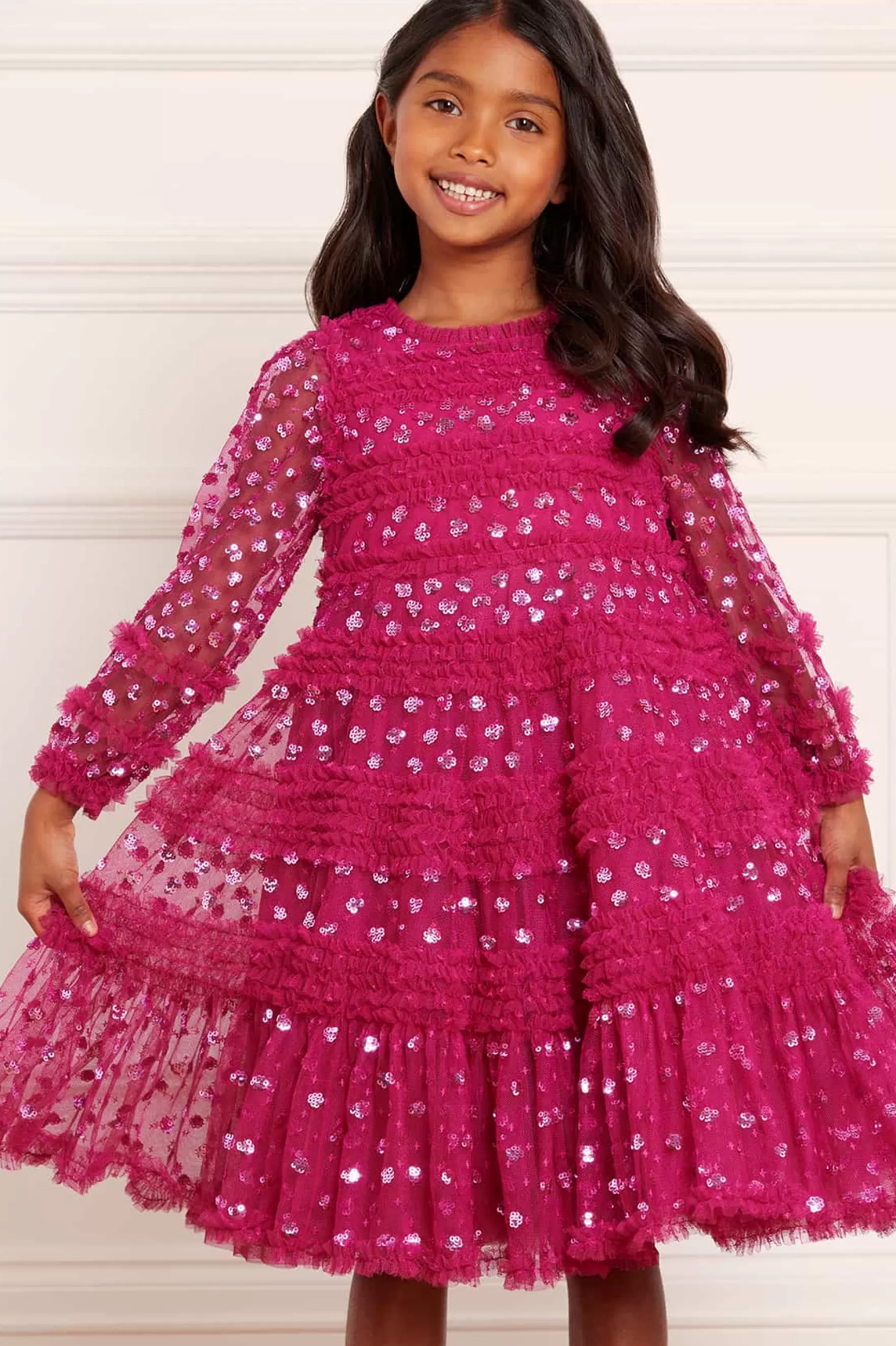 Needle & Thread Embellished Dresses | Responsibly Sourced>Dot Shimmer Long Sleeve Kids Dress Pink