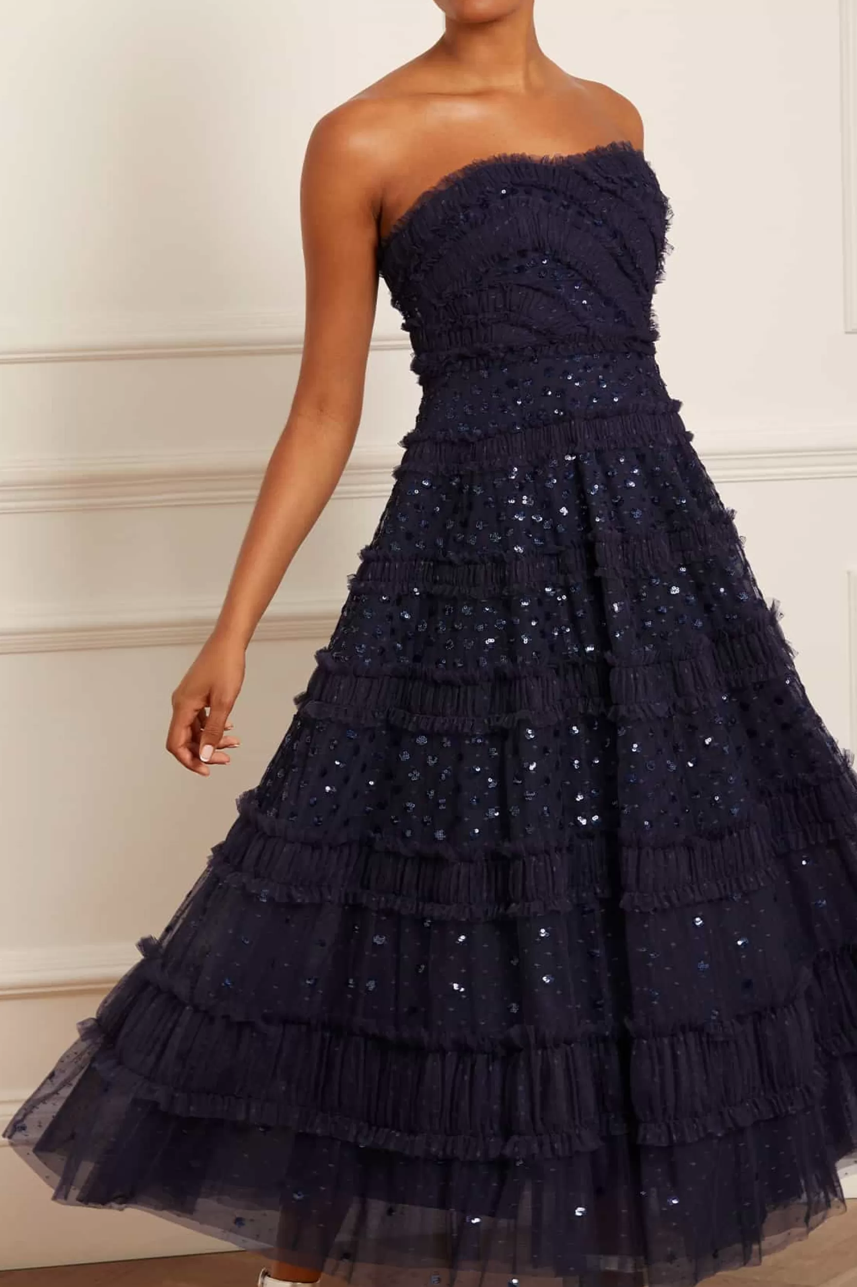 Needle & Thread Strapless Dresses | Evening Dresses>Dot Shimmer Tiered Strapless Ankle Gown Blue