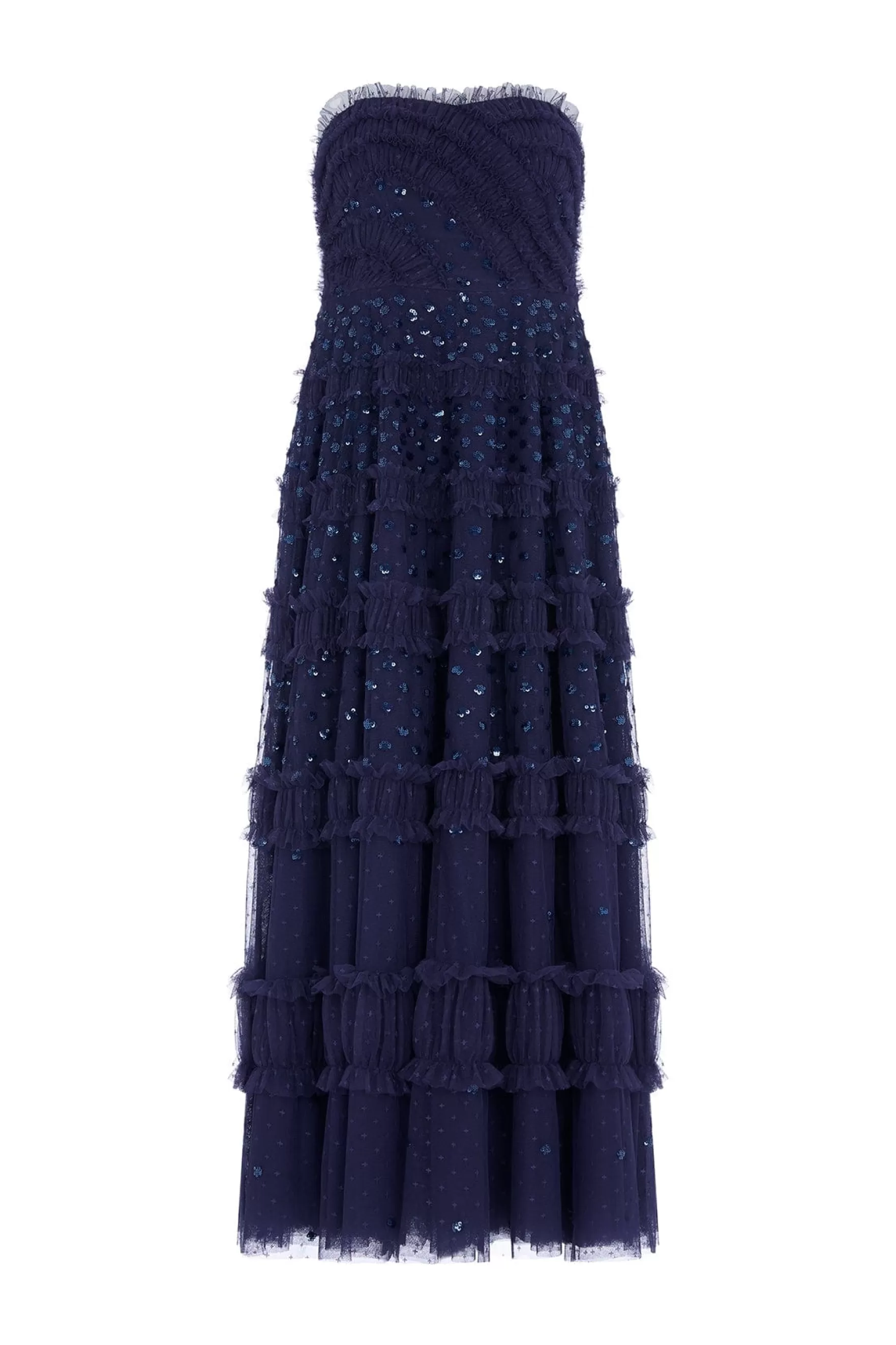 Needle & Thread Strapless Dresses | Evening Dresses>Dot Shimmer Tiered Strapless Ankle Gown Blue