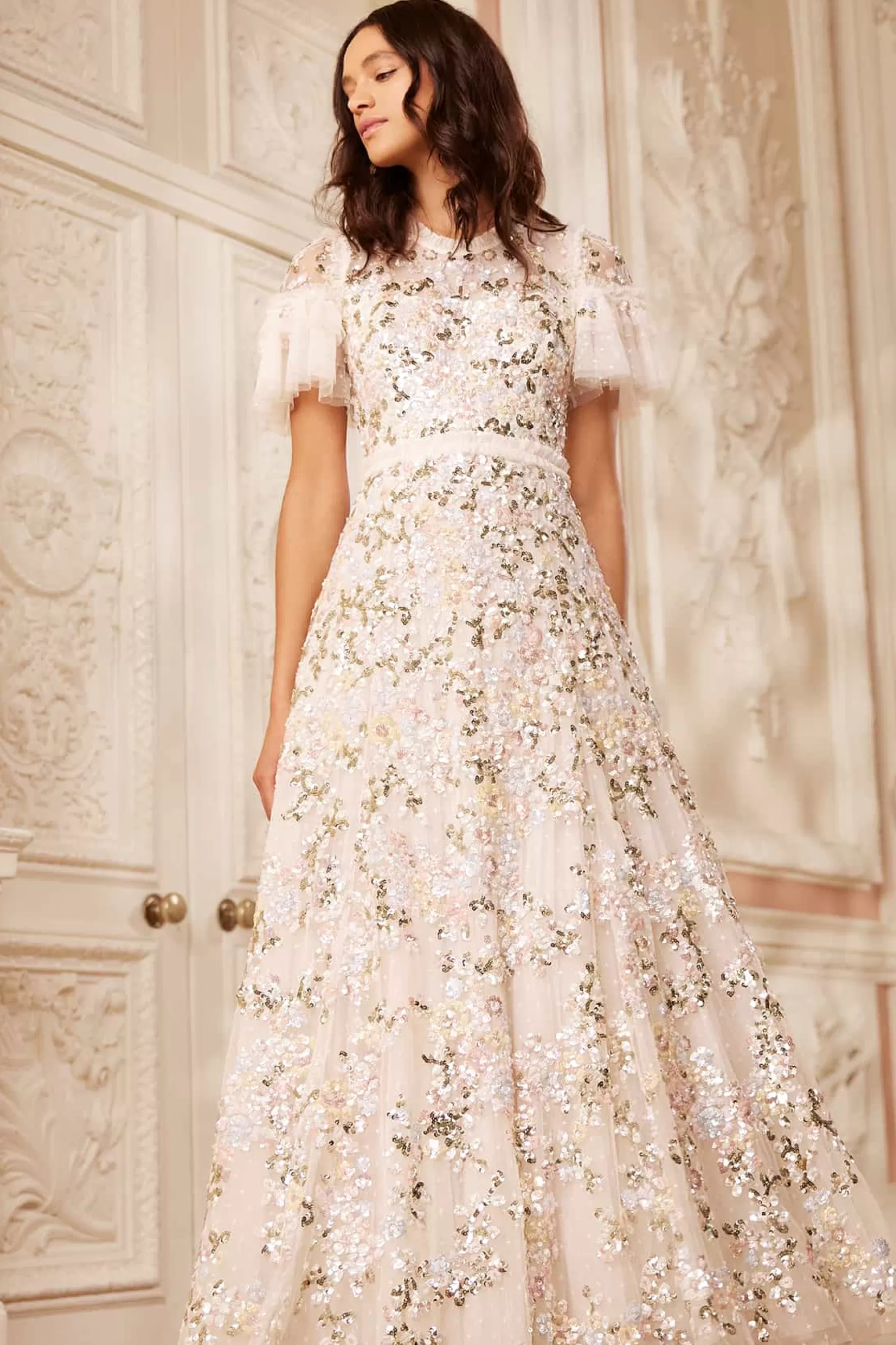 Needle & Thread Evening Dresses | Responsibly Sourced>Dream Garland Gloss Round Neck Gown Champagne