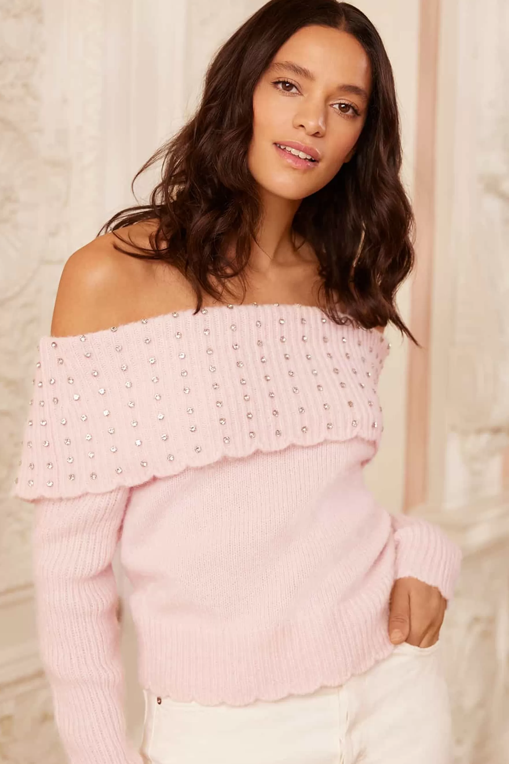 Needle & Thread All-Womenswear | Knitwear>Embellished Bardot Jumper Pink
