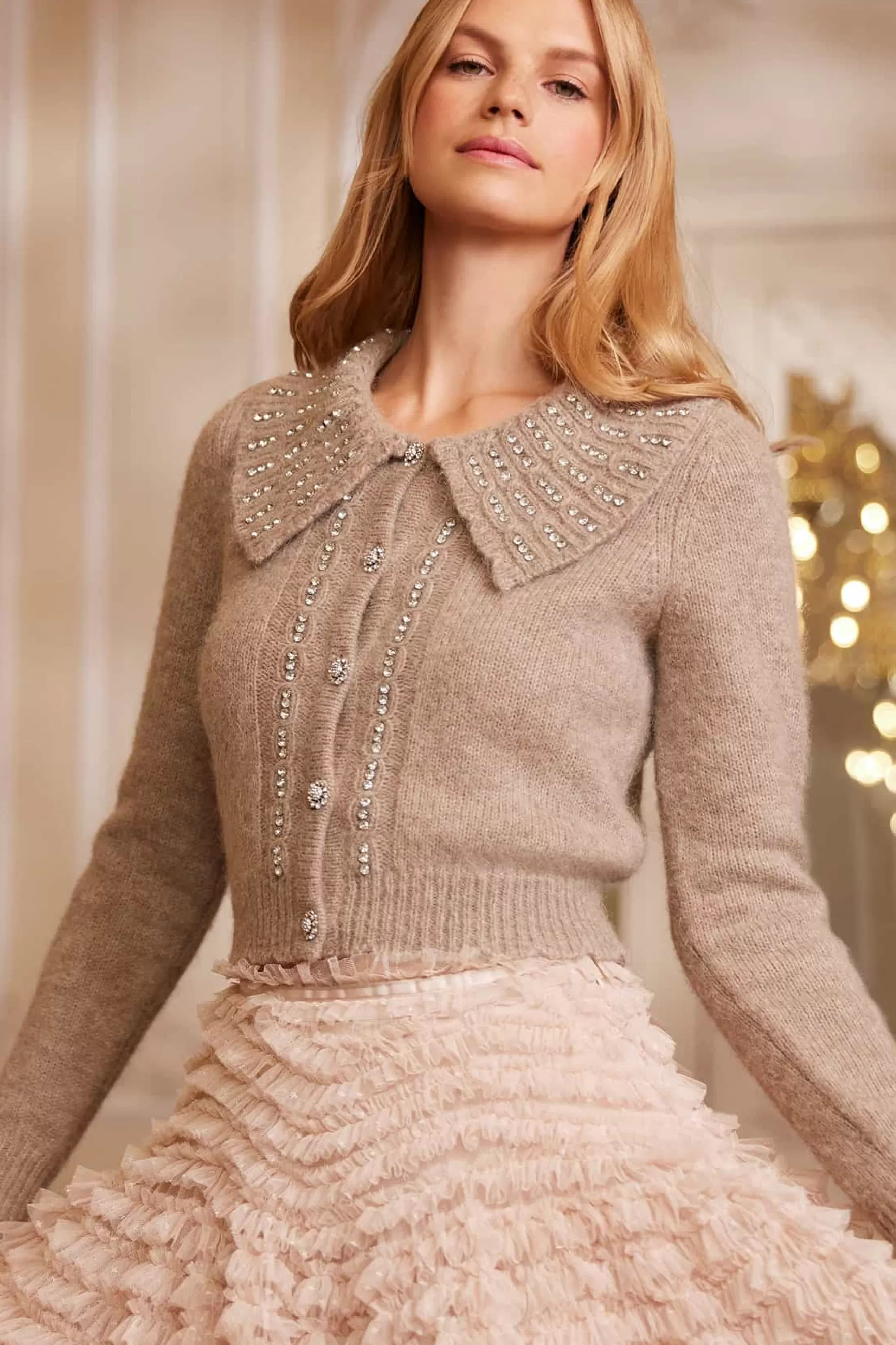 Needle & Thread All-Womenswear | Knitwear>Embellished Collar Short Cardigan Beige