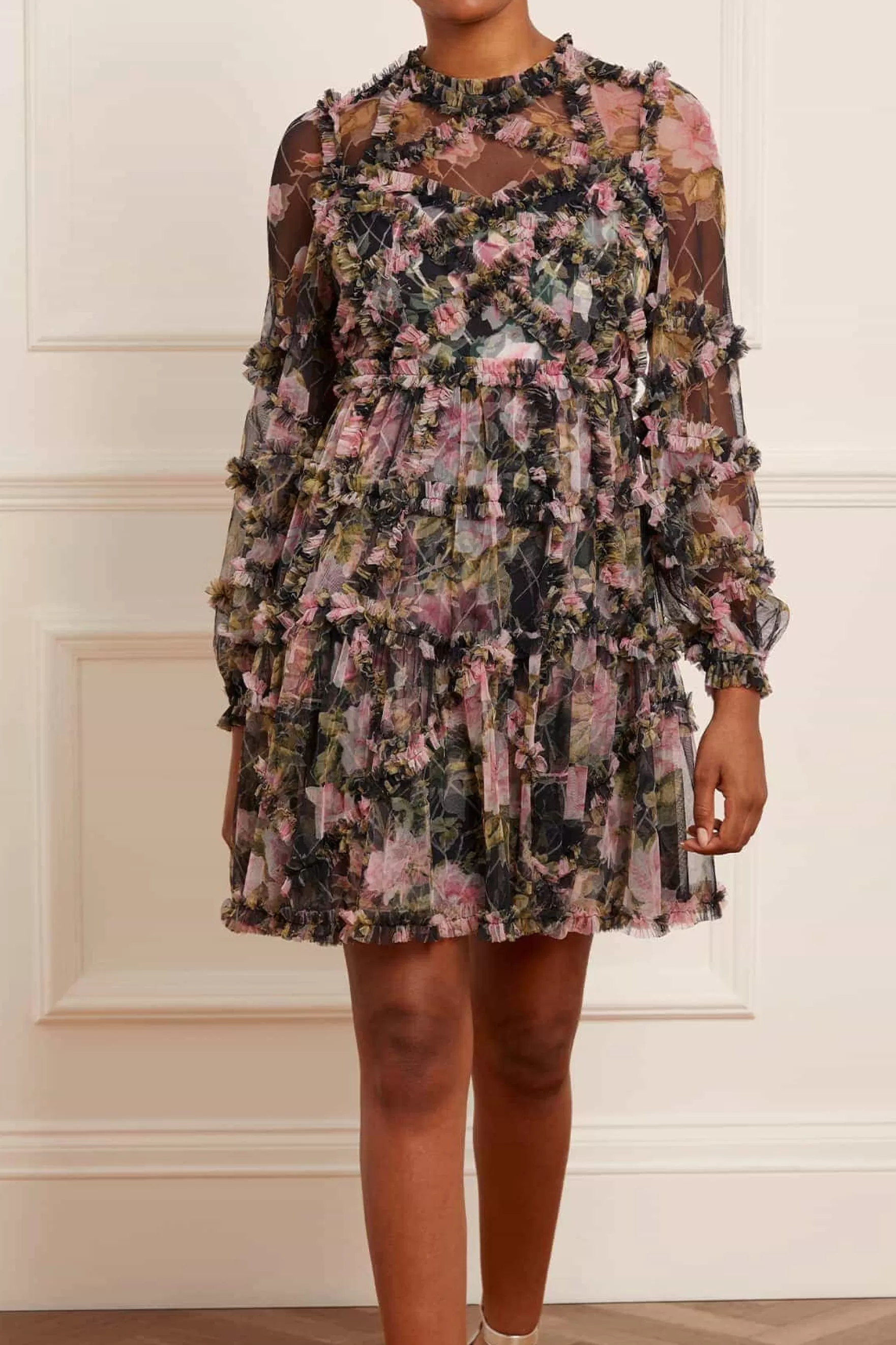 Needle & Thread Wedding Guest | Mummy & Me>English Rose Diamond Ruffle Mini Dress Black