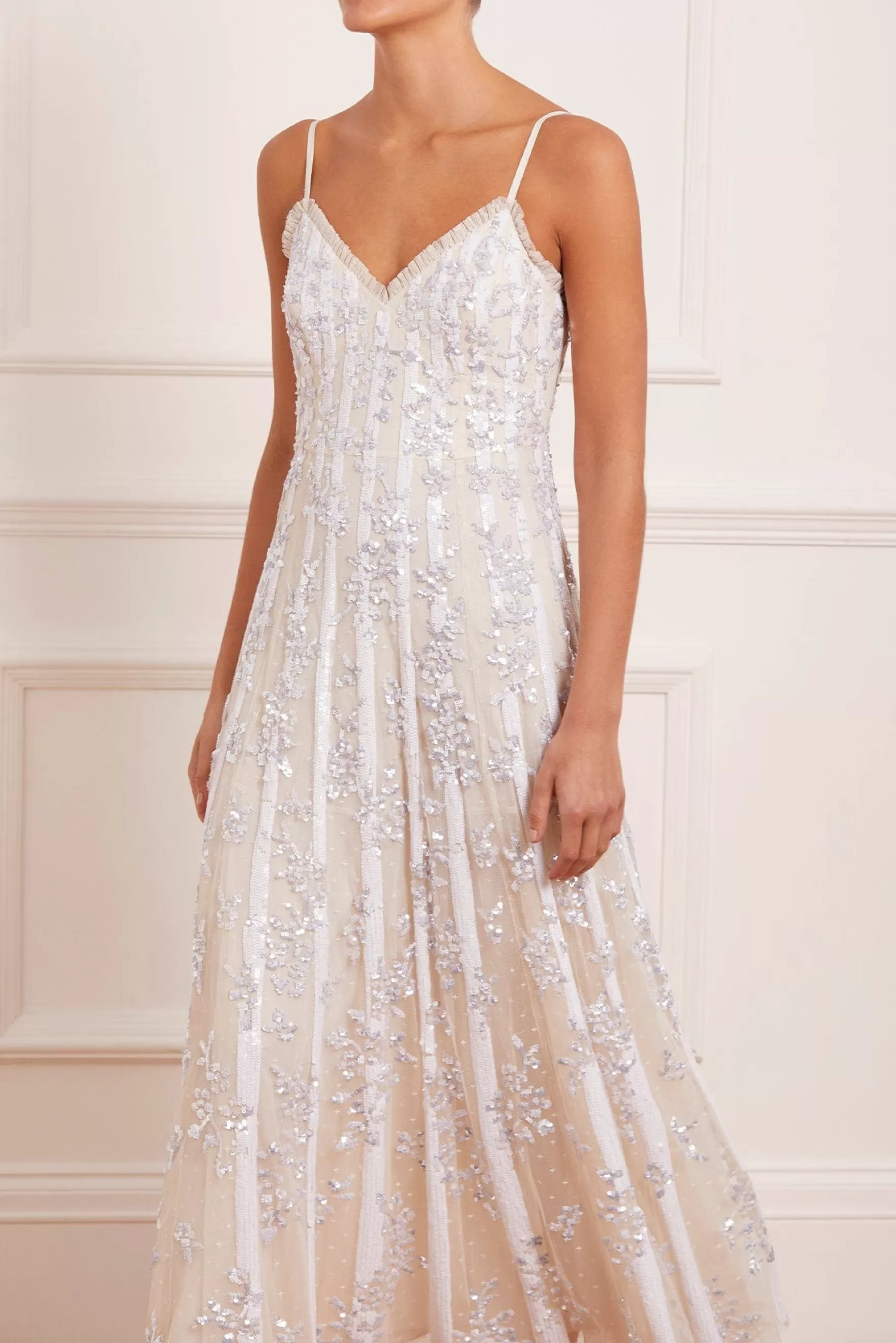 Needle & Thread Evening Dresses | Embellished Dresses>Floral Evermore Sequin Cami Ankle Gown Champagne
