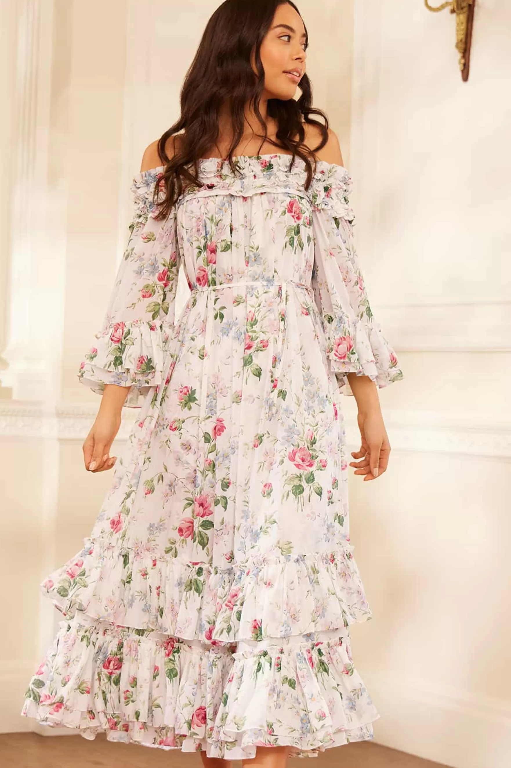 Needle & Thread Wedding Guest | Plus Size>Floral Fantasy Chiffon Off-Shoulder Ankle Gown Multi