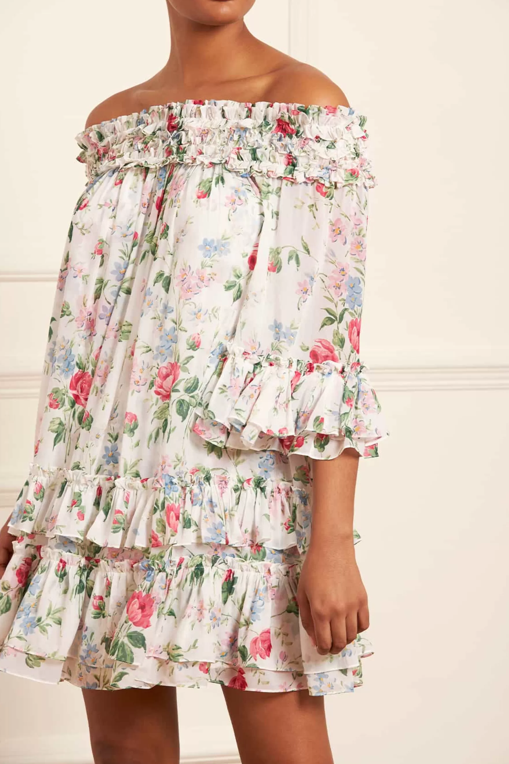 Needle & Thread Wedding Guest | Plus Size>Floral Fantasy Chiffon Off-Shoulder Micro Mini Dress Multi