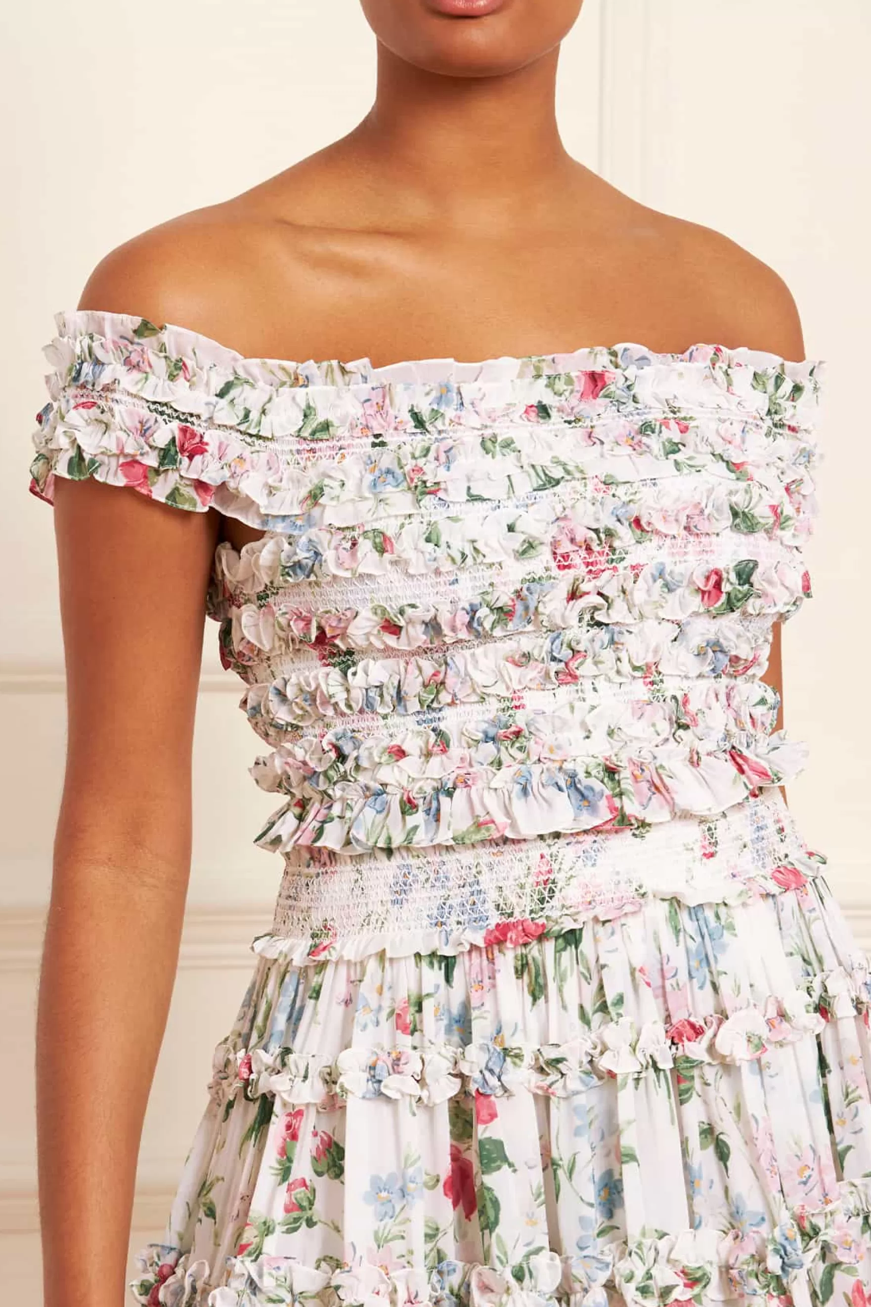 Needle & Thread Plus Size | Tops>Floral Fantasy Chiffon Smocked Off-Shoulder Top Multi