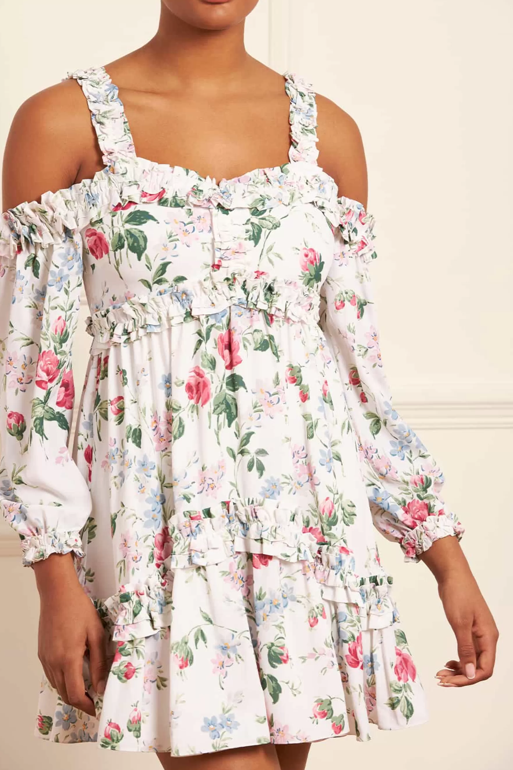 Needle & Thread Wedding Guest | Mini Dresses>Floral Fantasy Crepe Off-Shoulder Micro Mini Dress Multi