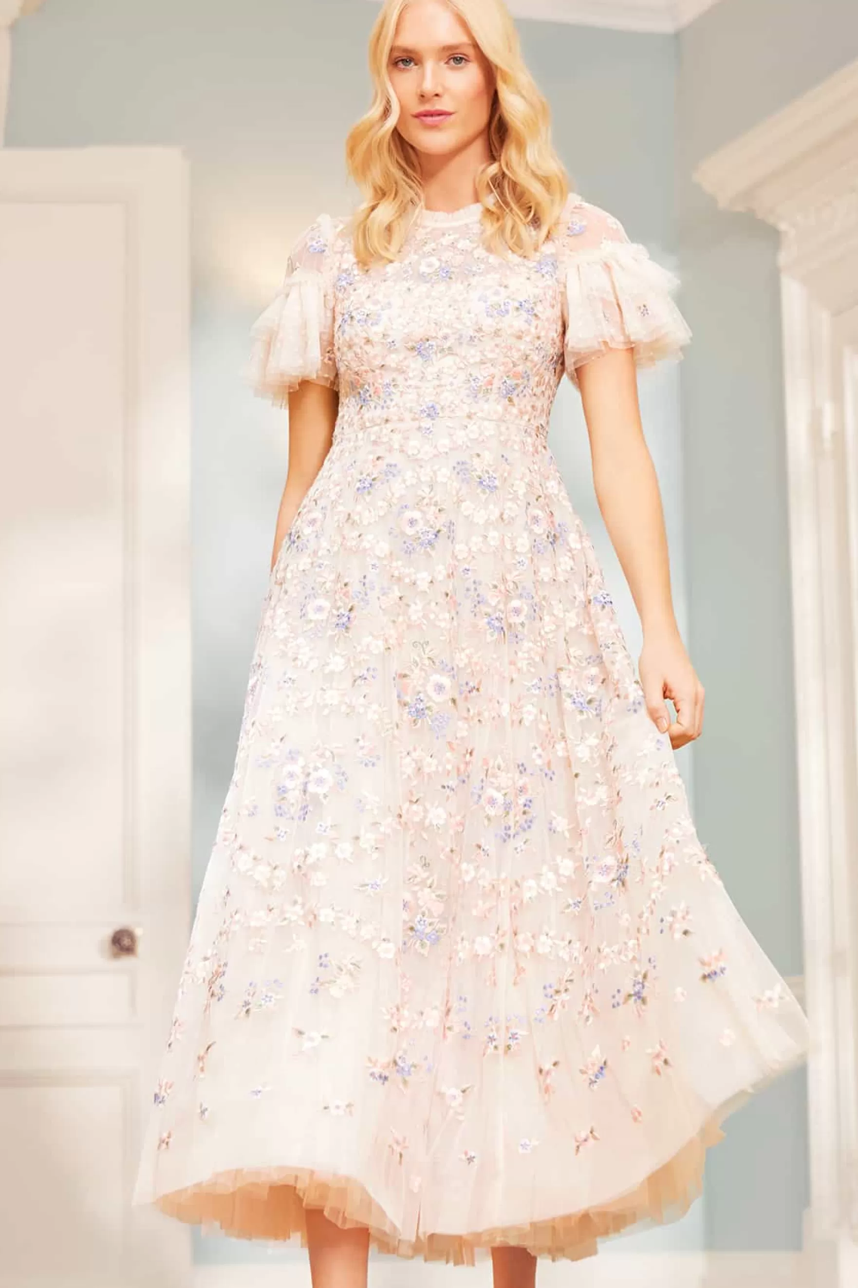 Needle & Thread Embroidered Dresses | Responsibly Sourced>Floral Waltz Ankle Gown Champagne