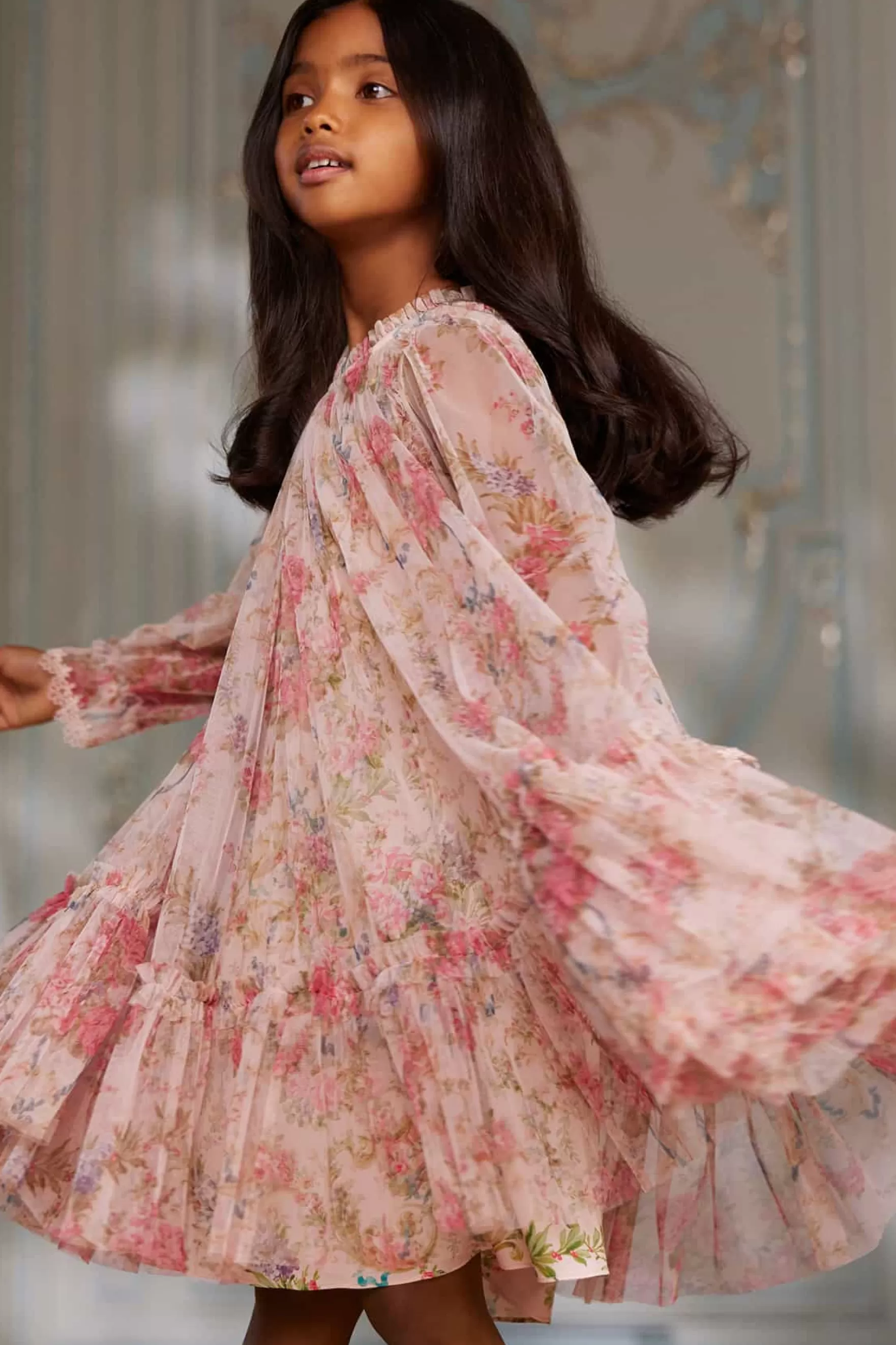 Needle & Thread Printed Dresses | Responsibly Sourced>Floral Wreath Long Sleeve Kids Dress Pink