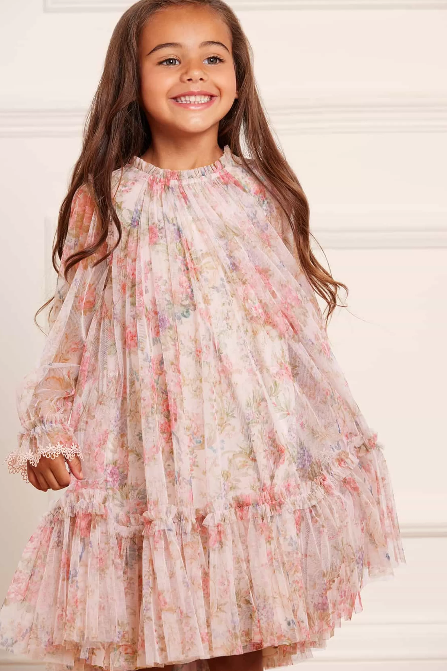 Needle & Thread Printed Dresses | Responsibly Sourced>Floral Wreath Long Sleeve Kids Dress Pink