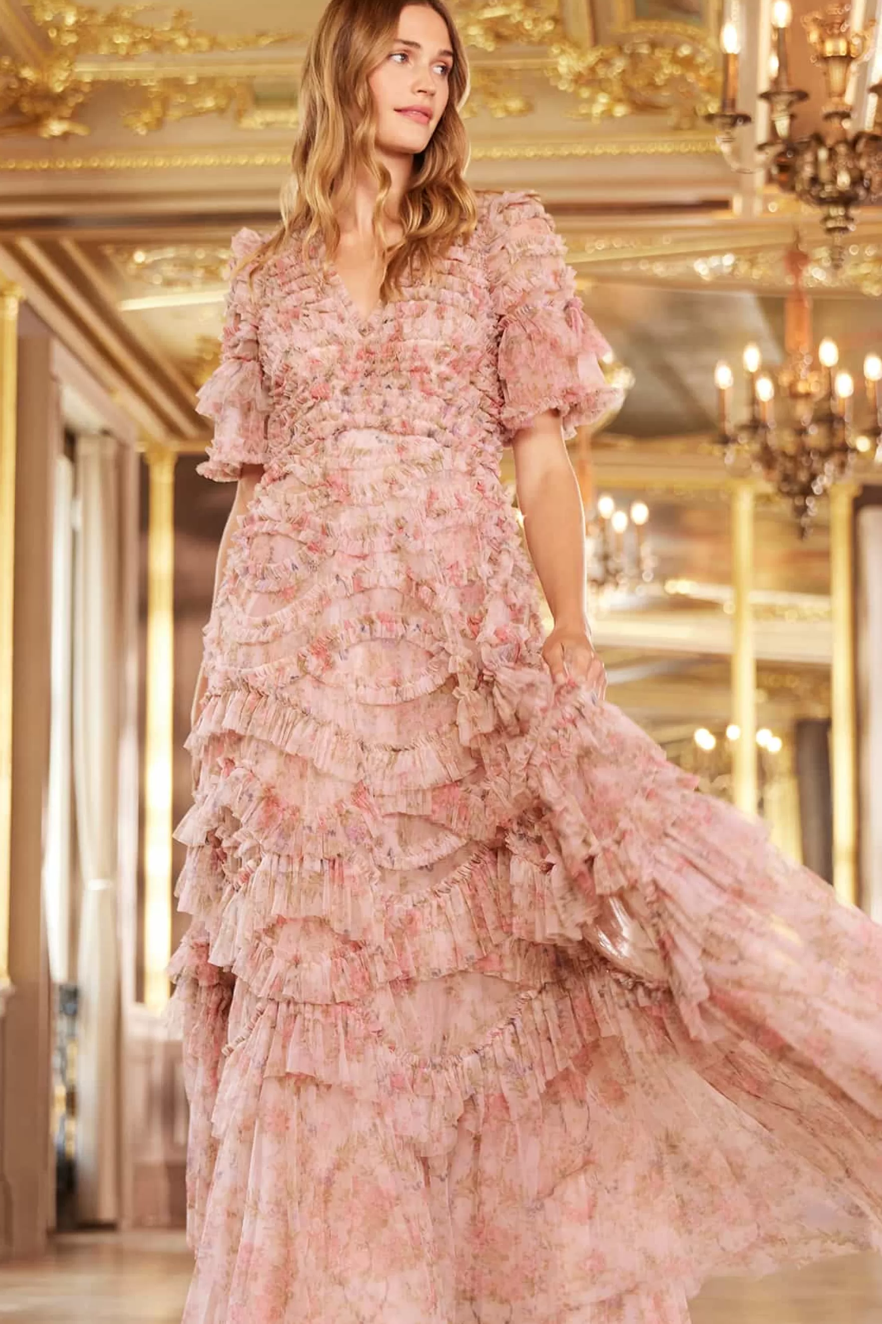Needle & Thread Mother of the Bride | Plus Size>Floral Wreath Phoenix V-Neck Gown Pink