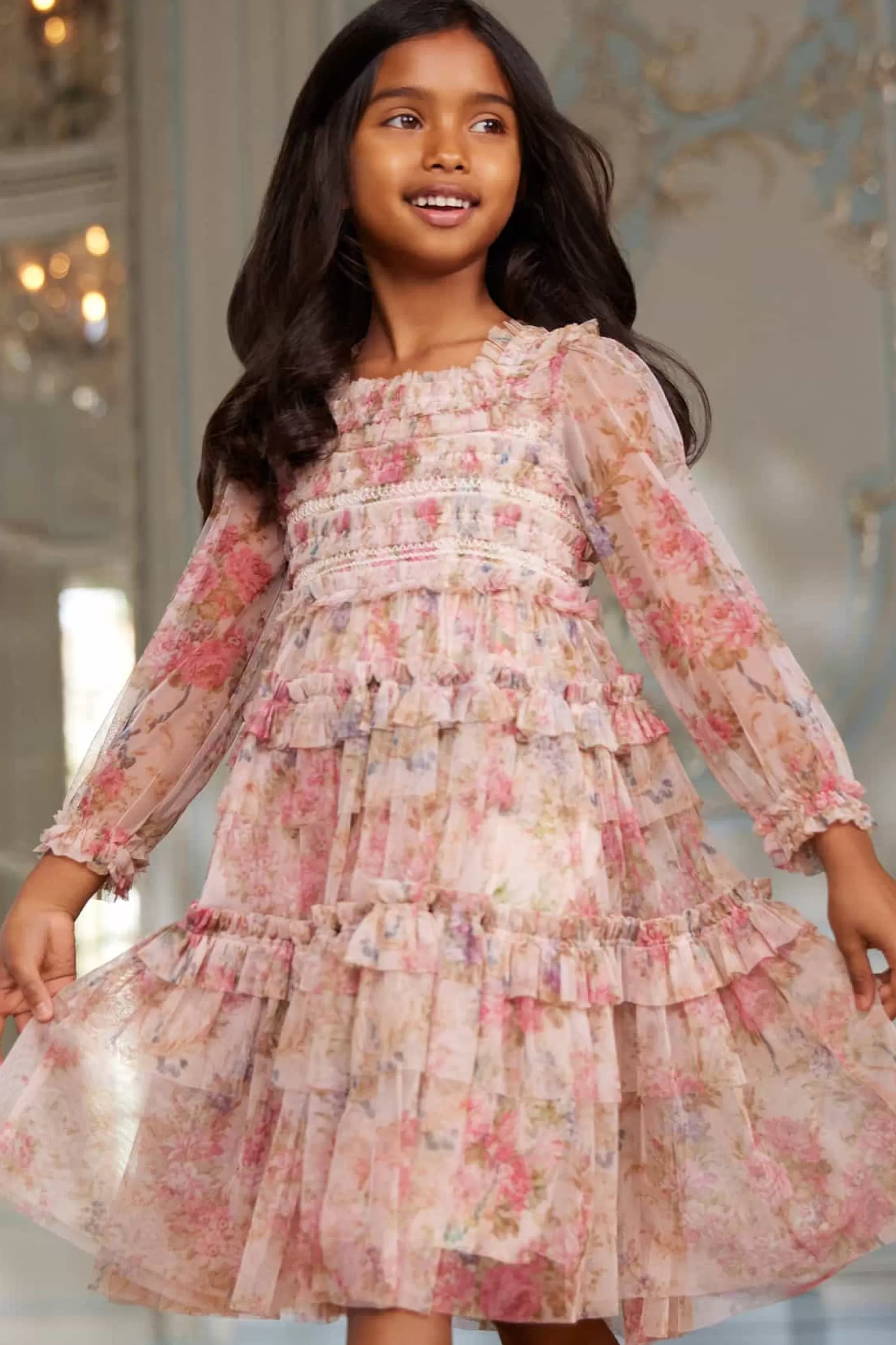 Needle & Thread Printed Dresses | Responsibly Sourced>Floral Wreath Smocked Kids Dress Pink