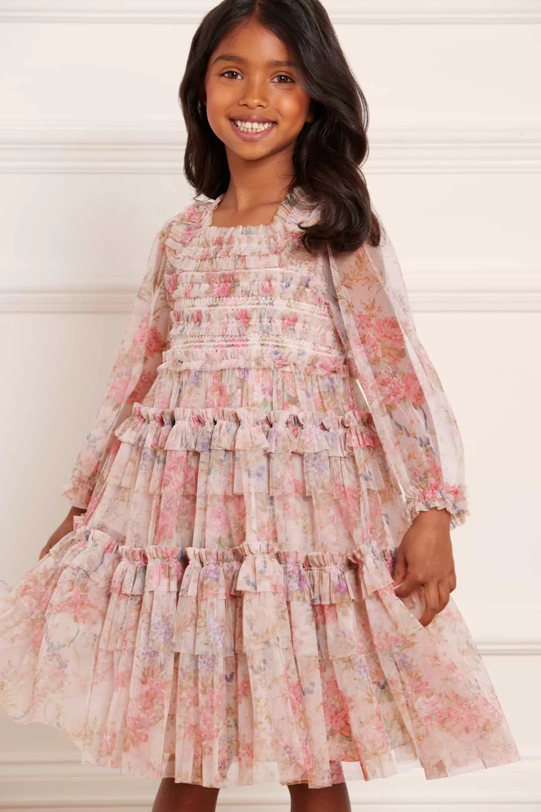 Needle & Thread Printed Dresses | Responsibly Sourced>Floral Wreath Smocked Kids Dress Pink