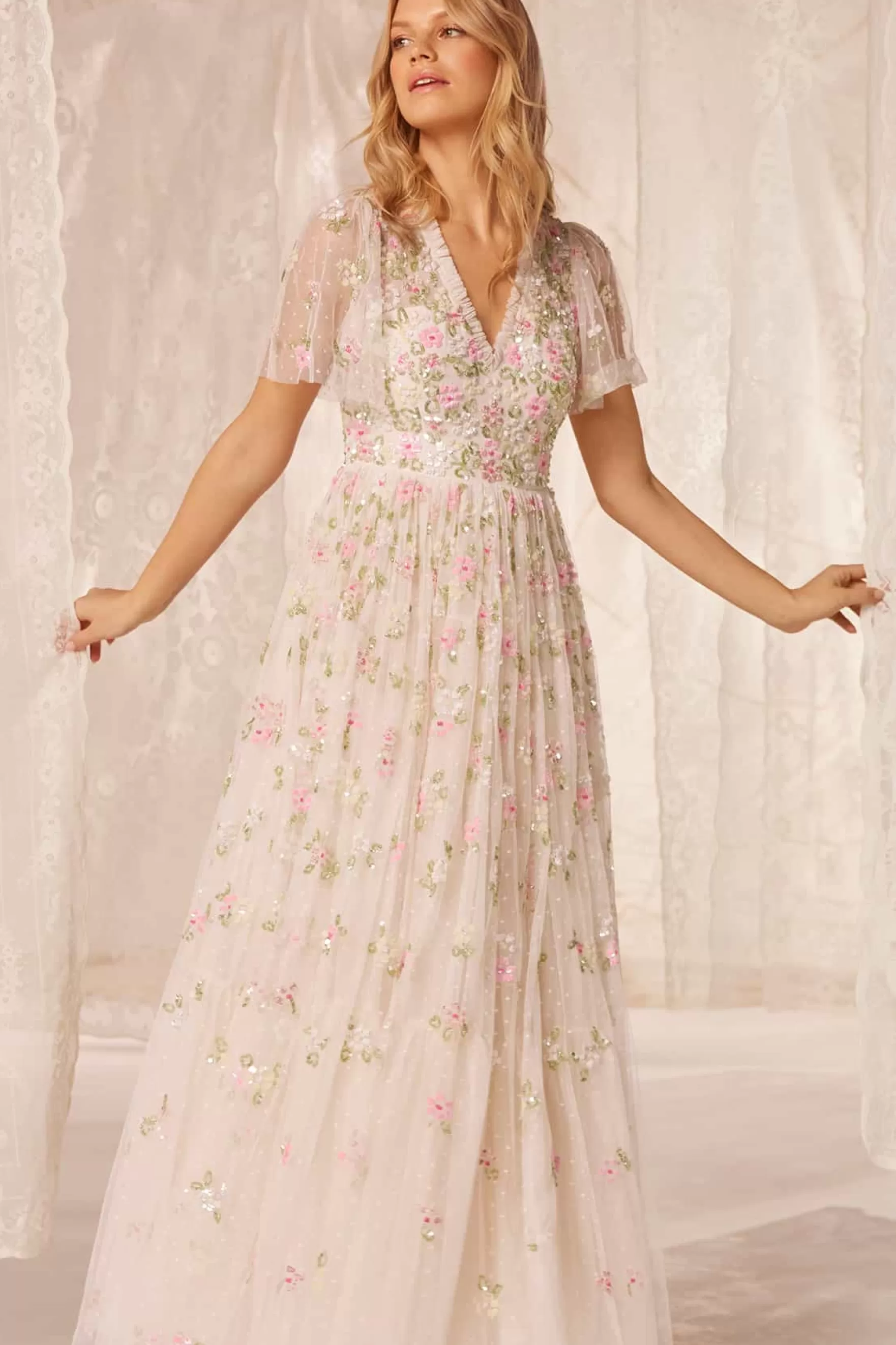 Needle & Thread Bridal | Evening Dresses>Freesia Shimmer V-Neck Gown Champagne