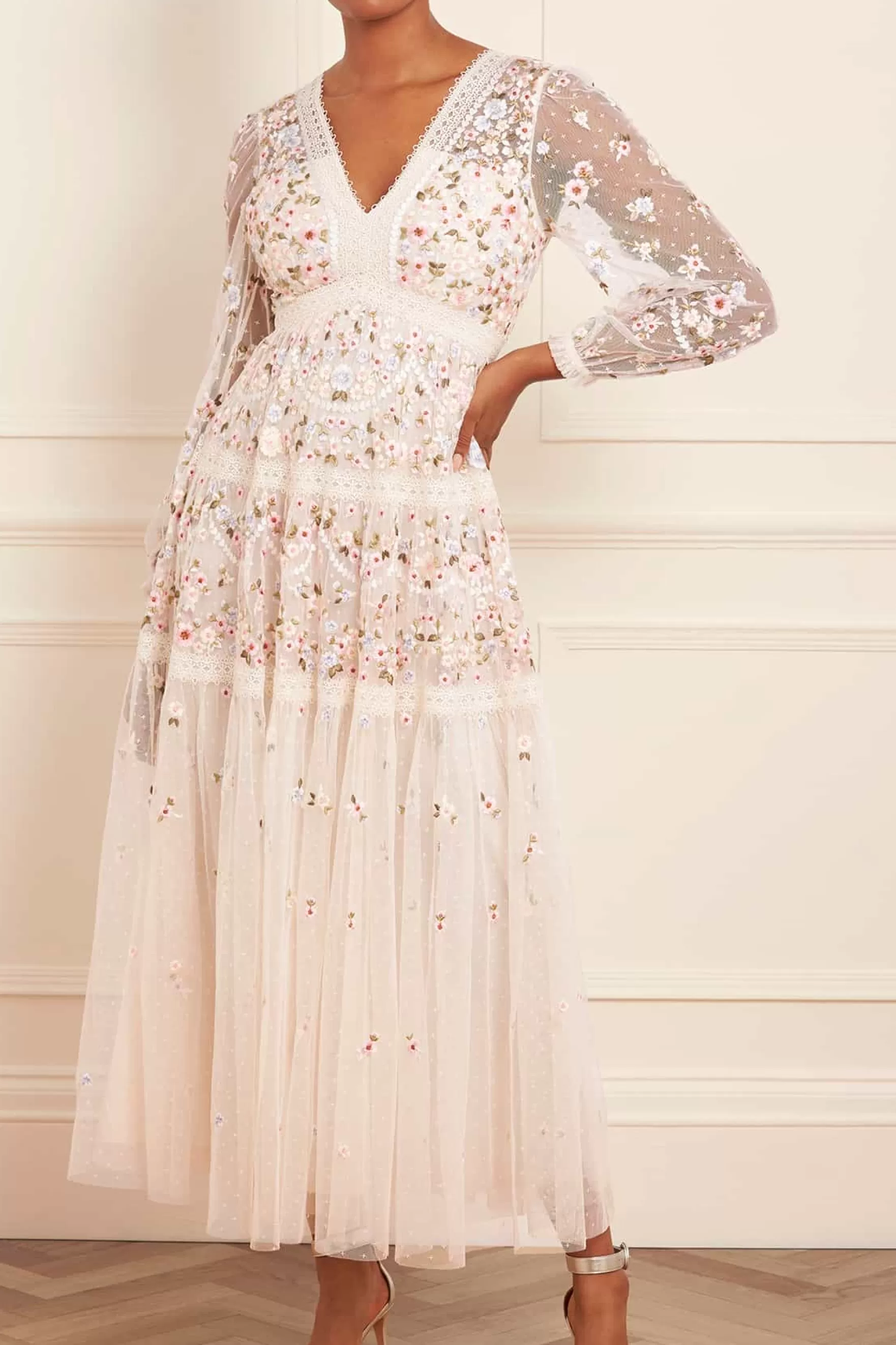 Needle & Thread Bridesmaid | Plus Size>Garland Ribbon Ankle Gown Champagne