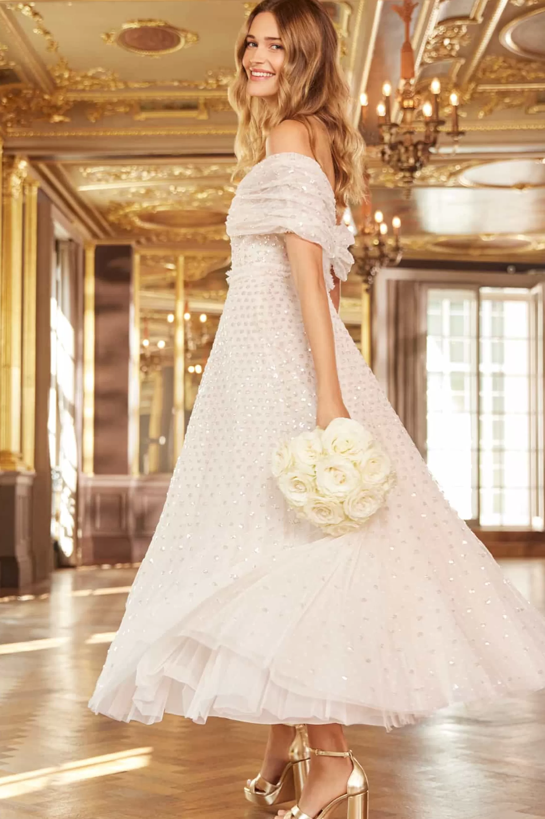 Needle & Thread Bridal | Plus Size>Grace Gloss Off-Shoulder Ankle Gown Champagne