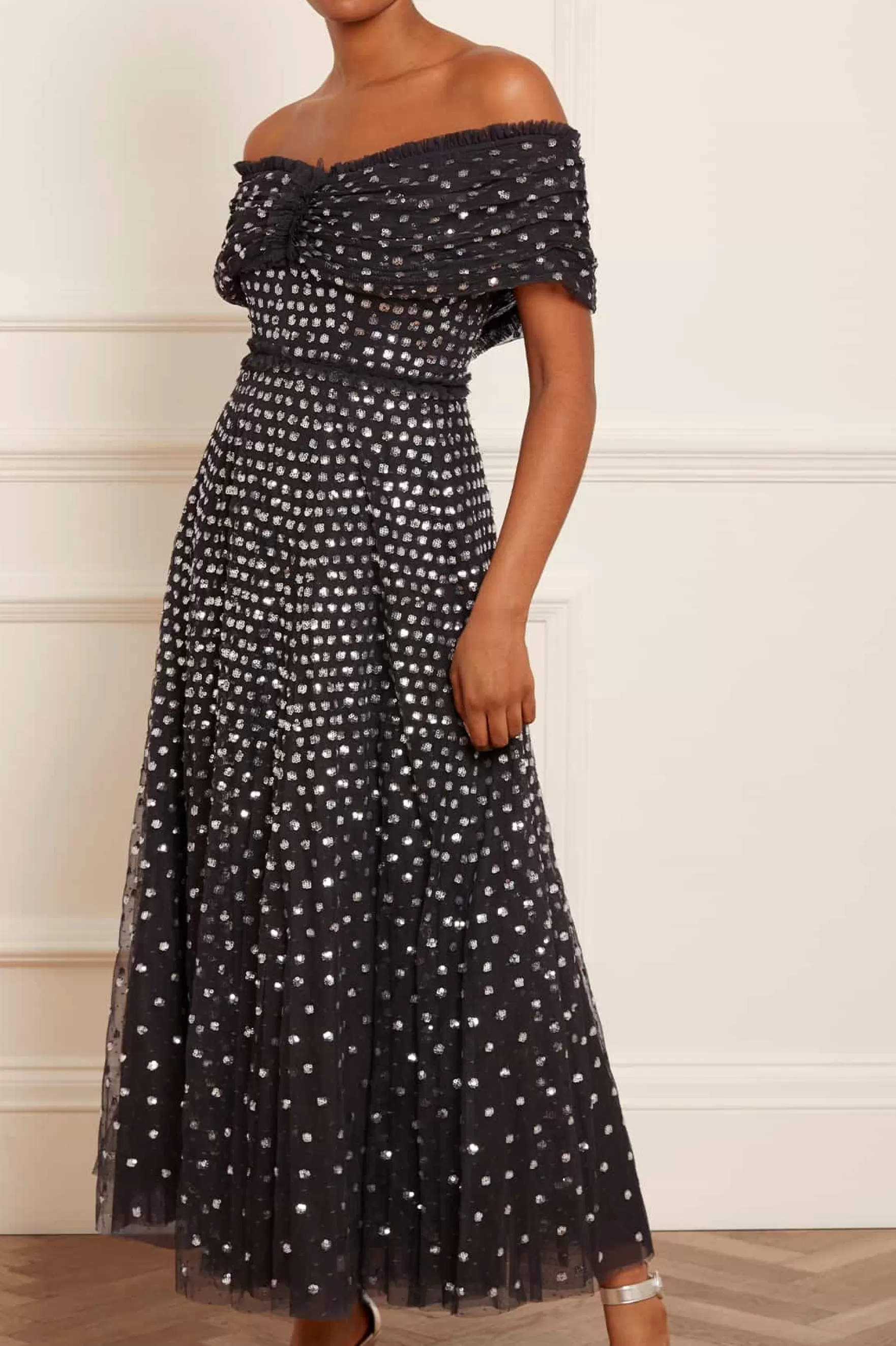 Needle & Thread Plus Size | Evening Dresses>Grace Gloss Off-Shoulder Ankle Gown Black