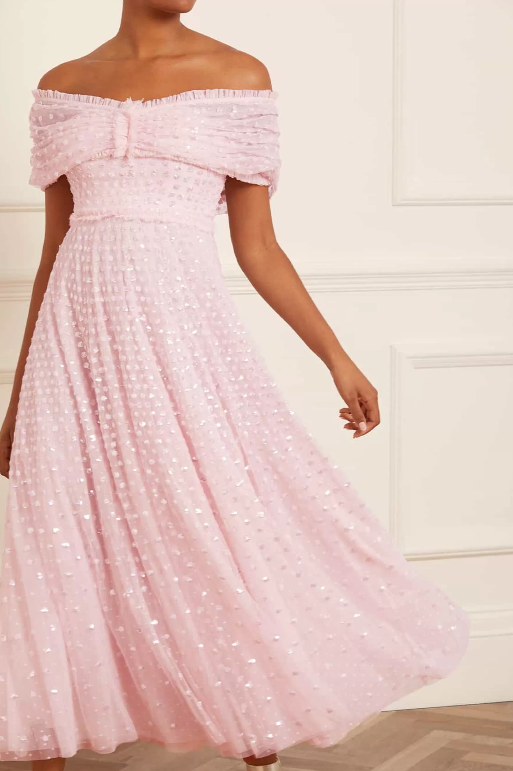 Needle & Thread Plus Size | Evening Dresses>Grace Gloss Off-Shoulder Ankle Gown Pink