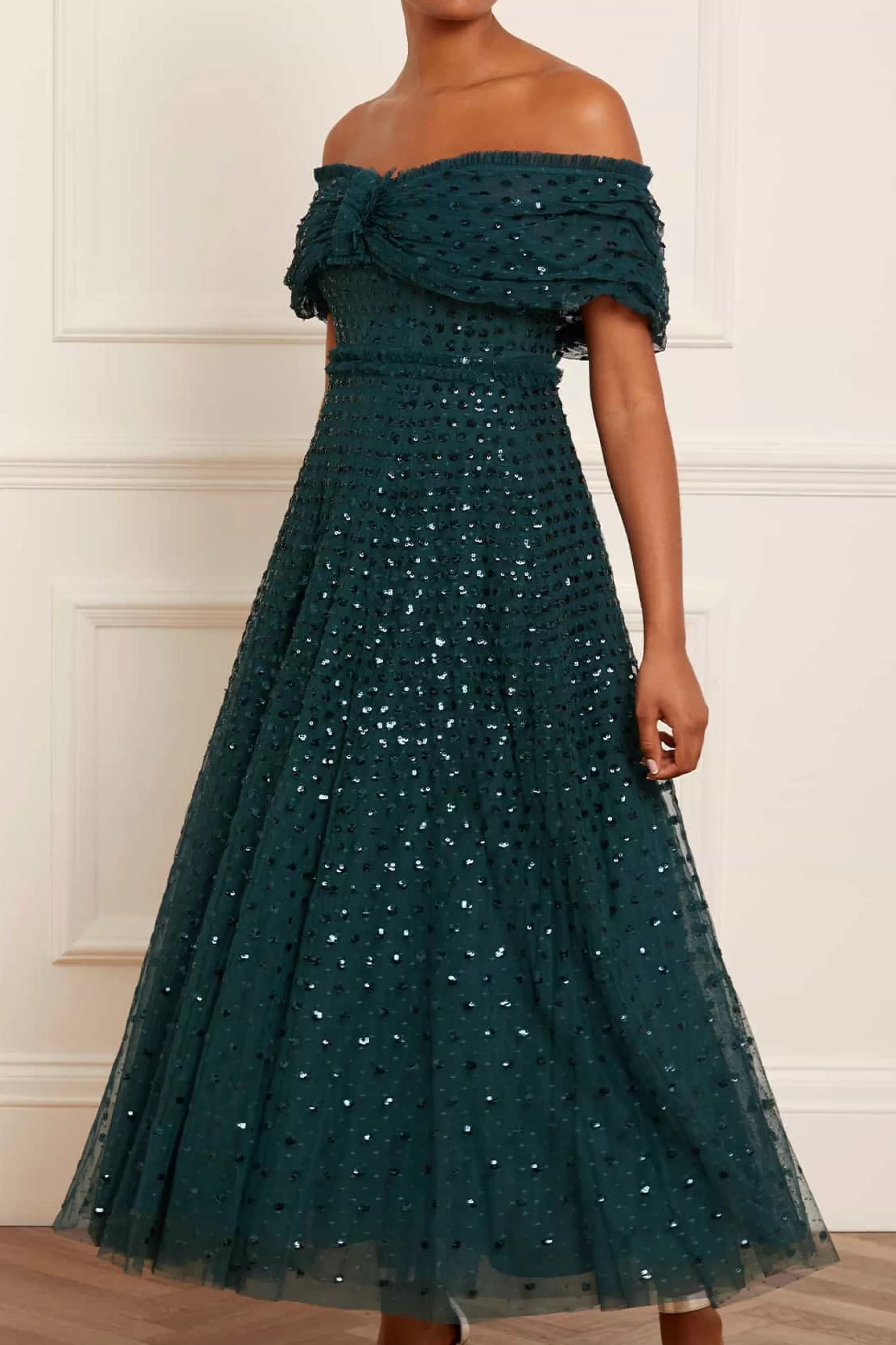 Needle & Thread Plus Size | Evening Dresses>Grace Off-Shoulder Ankle Gown Green