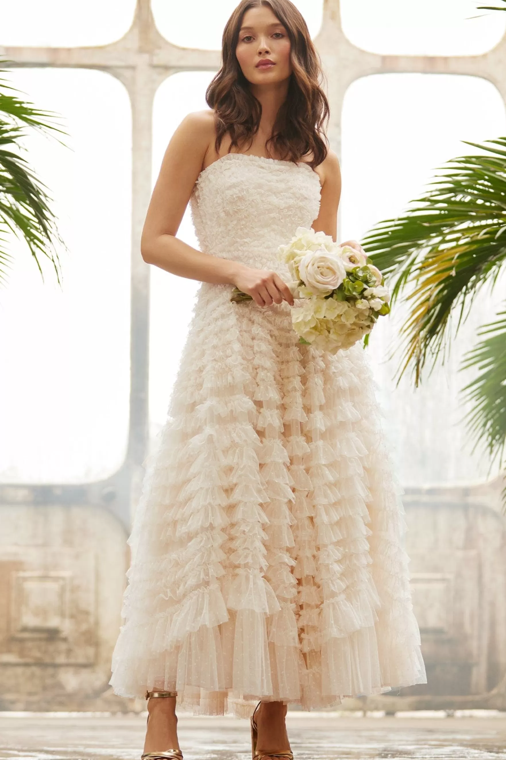 Needle & Thread Bridal | Strapless Dresses>Hattie Ruffle Strapless Ankle Gown Champagne