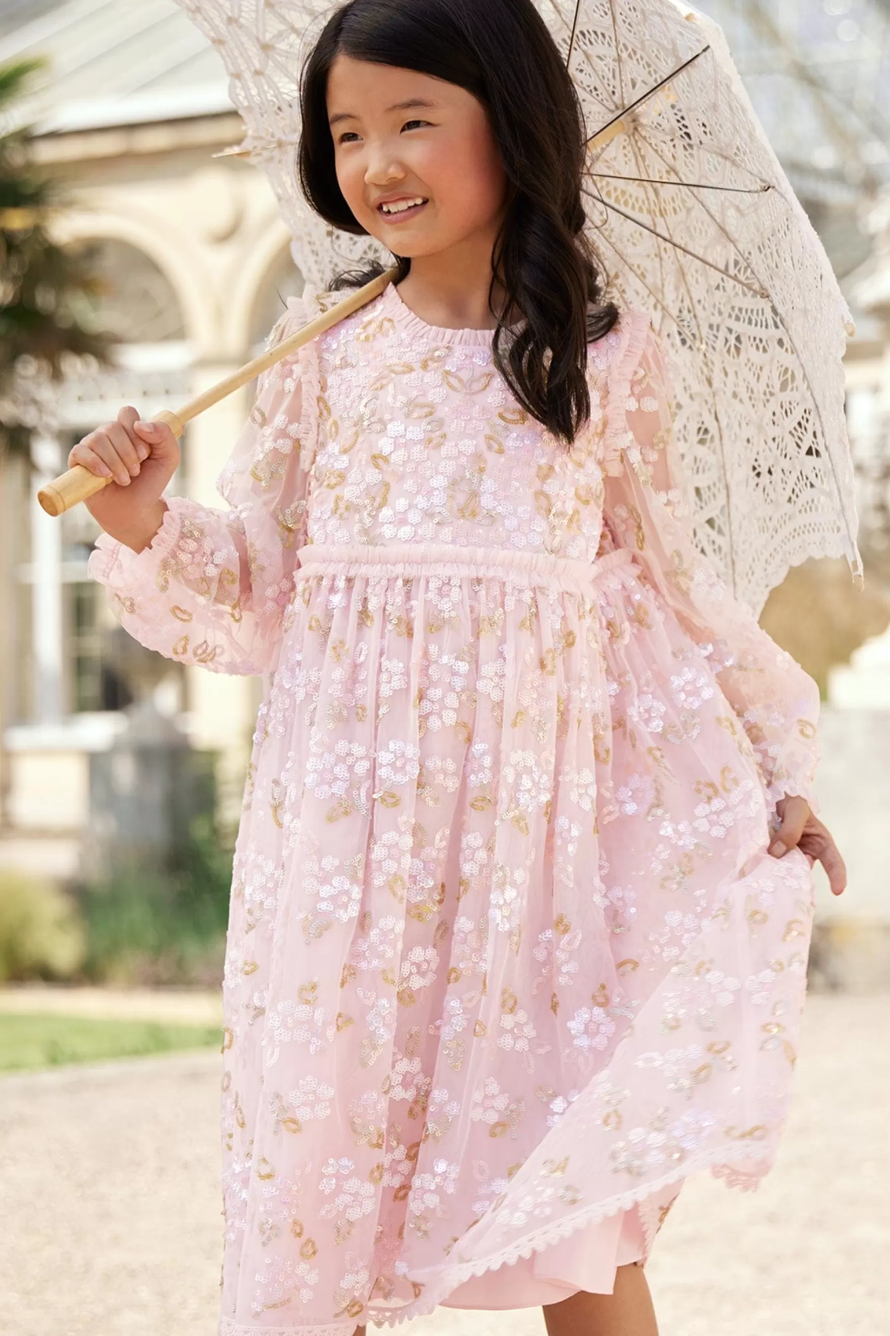 Needle & Thread Flower Girl | Flower Girl>Lena Long Sleeve Kids Dress Pink