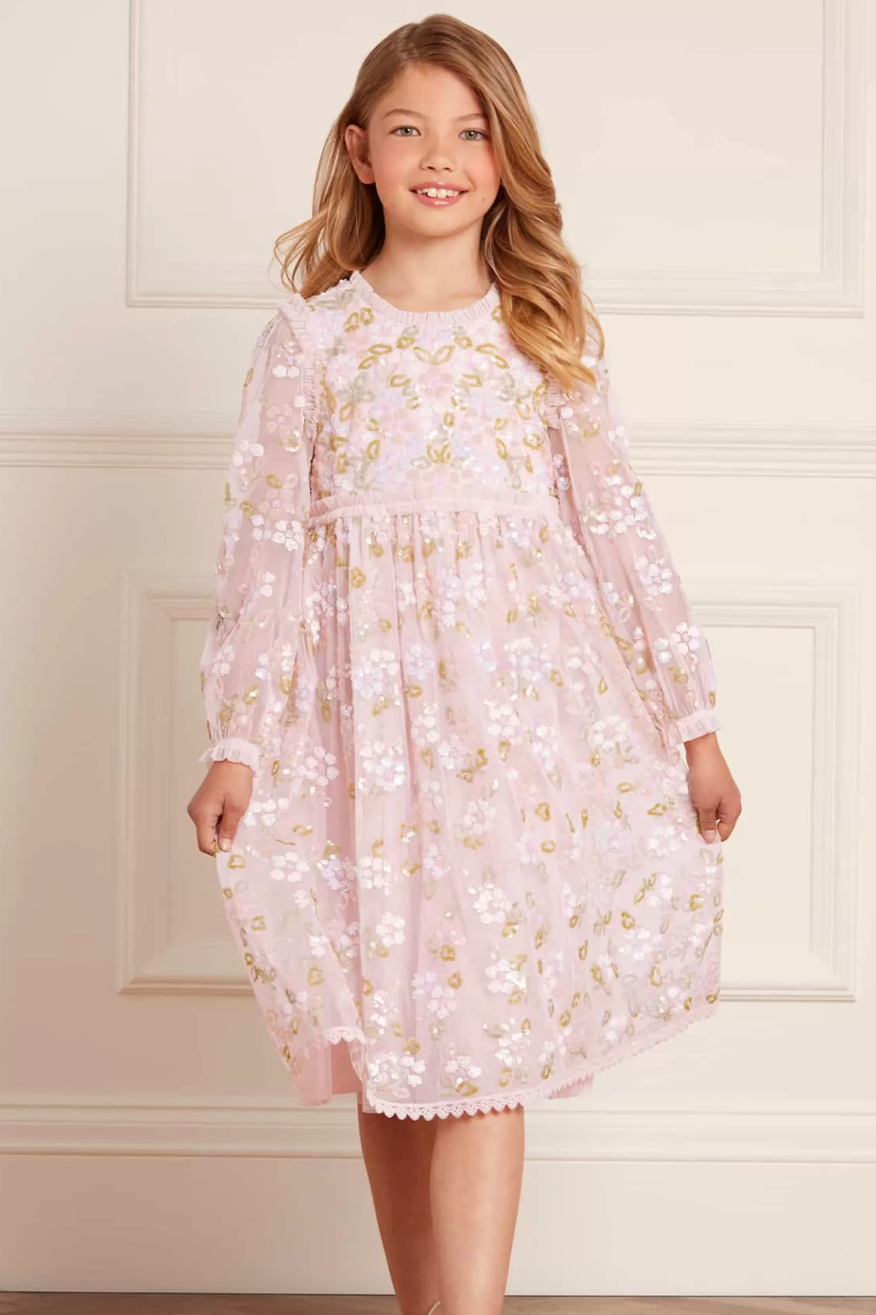 Needle & Thread Flower Girl | Flower Girl>Lena Long Sleeve Kids Dress Pink
