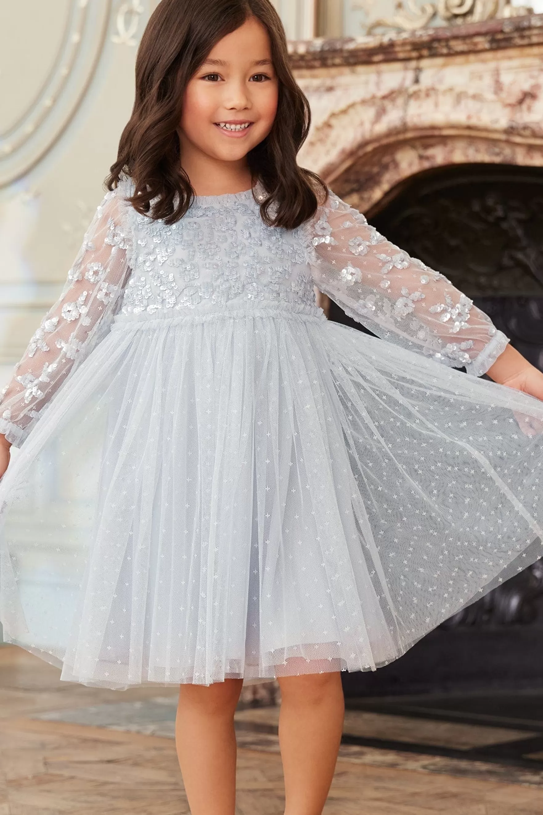 Needle & Thread Flower Girl | Flower Girl>Lilybelle Long Sleeve Kids Dress Blue