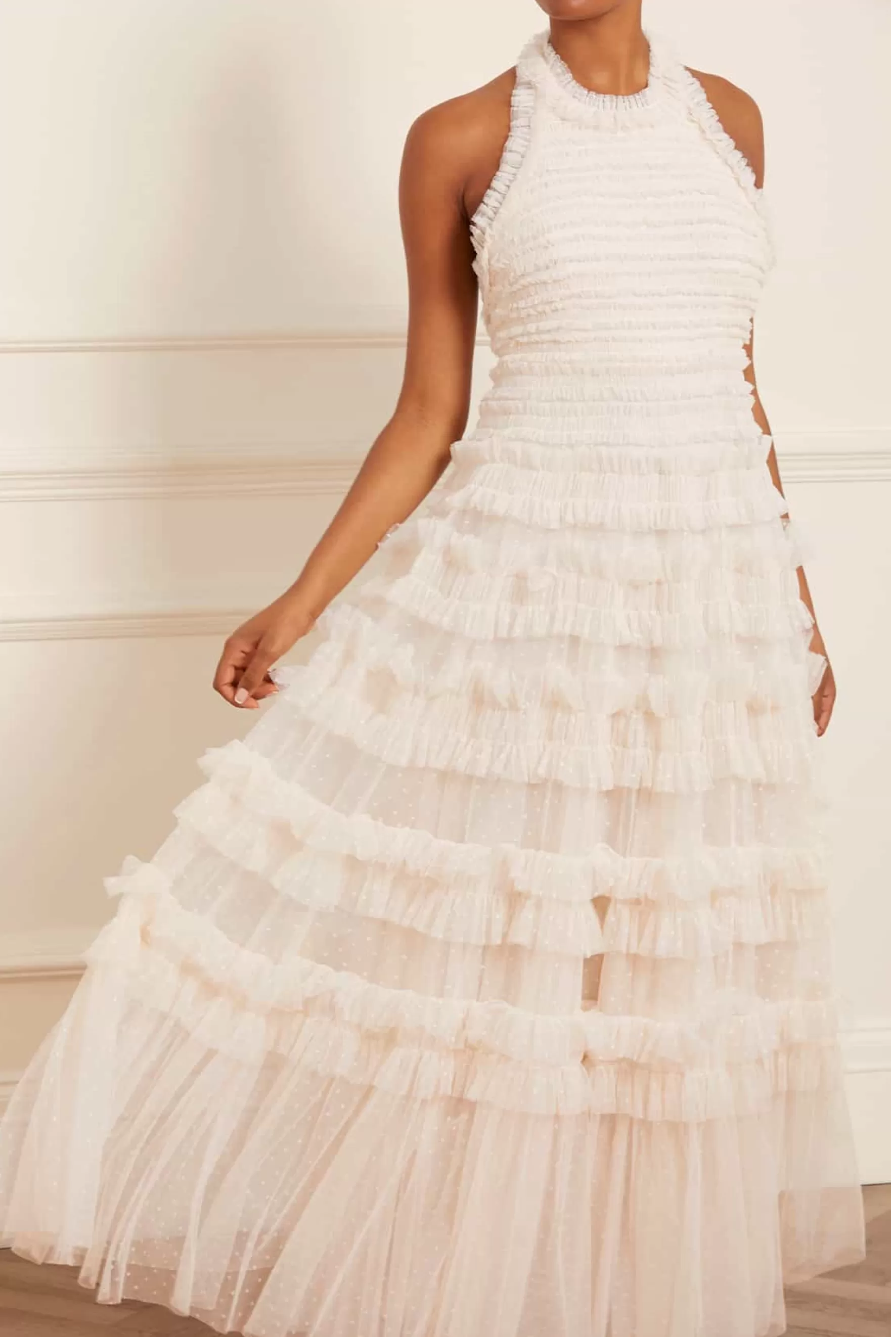 Needle & Thread Bridal | Evening Dresses>Lisette Ruffle Halter Neck Gown Champagne