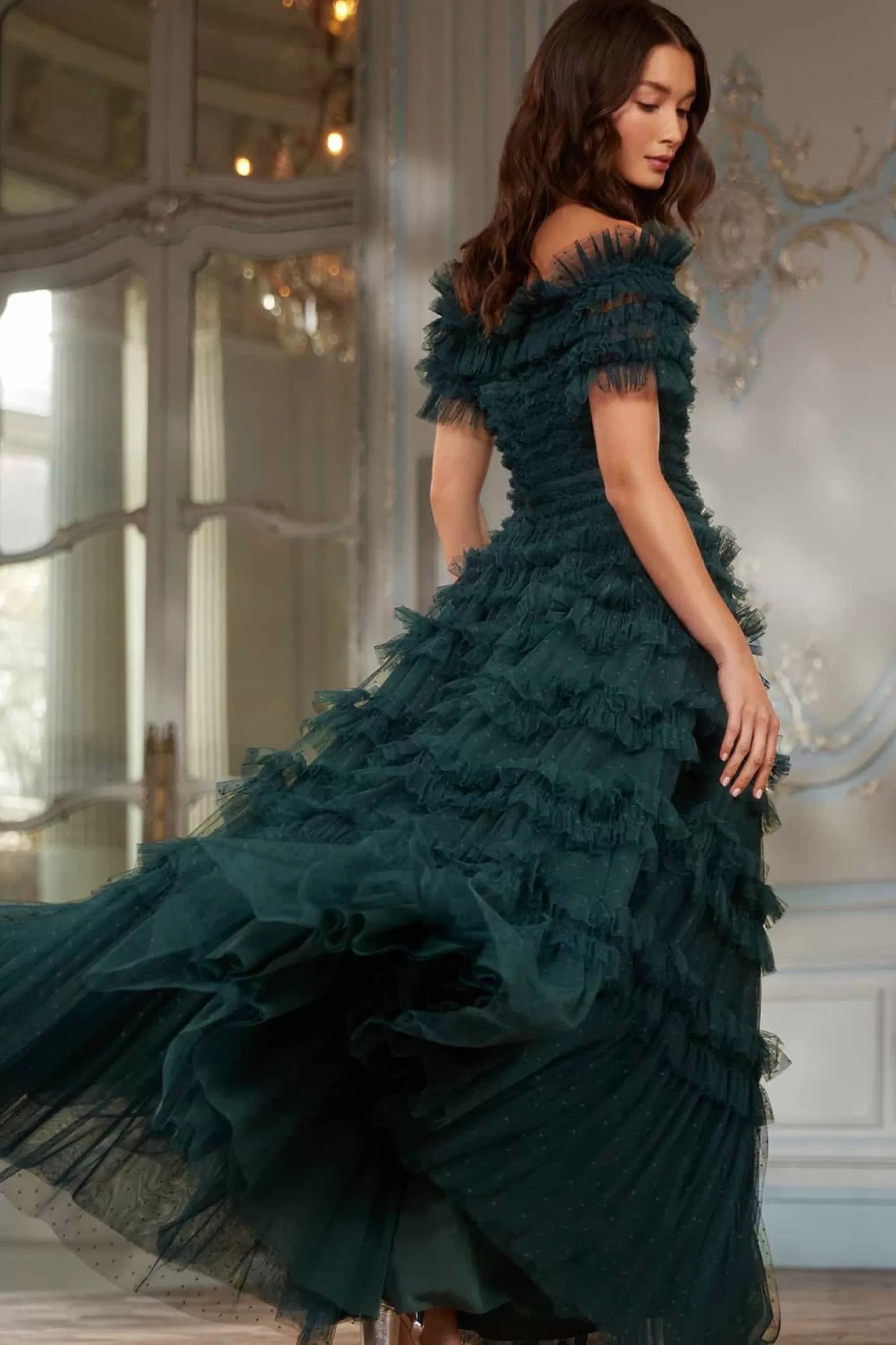Needle & Thread Mother of the Bride | Plus Size>Lisette Ruffle Off Shoulder Gown Green